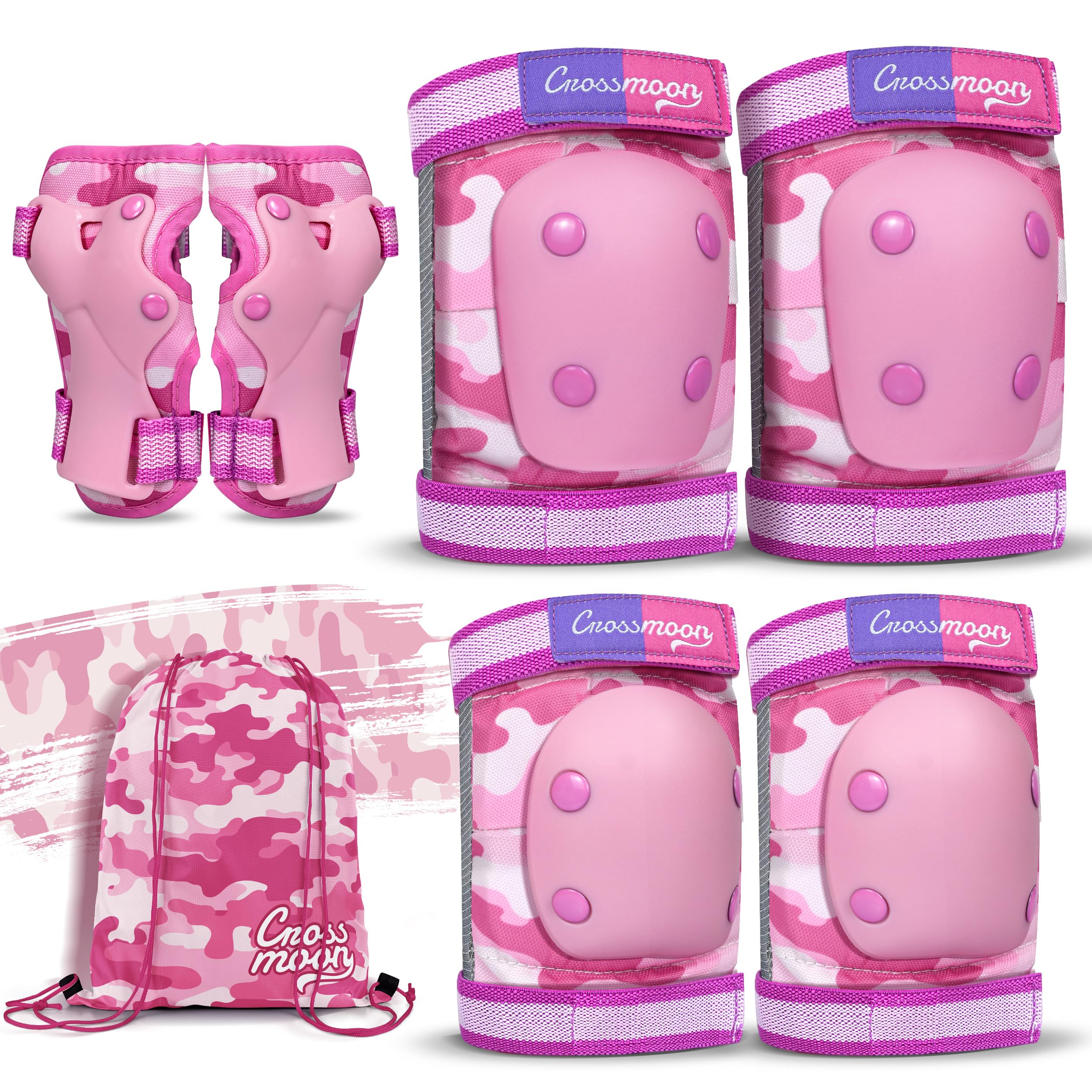 Kids Knee Pads Elbow Pads Wrist Guards Set, Protective Gear Set for Girls Boys Roller Skating Bike Cycling Skateboard Scooter (Pink Camo, Medium (6-12years))