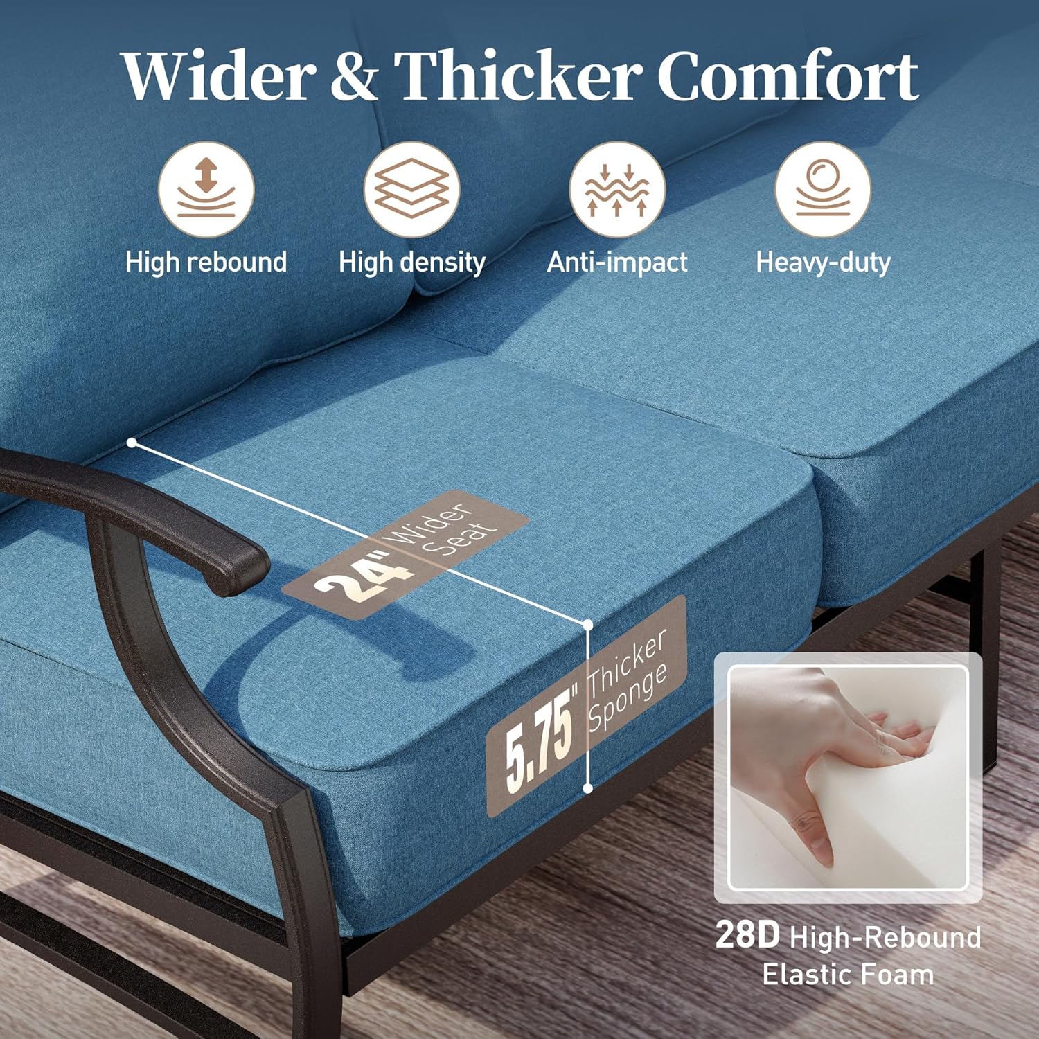 Metal Patio Sofa with 5.75" Extra Thick Cushion, 3-Seater Deep Seating & High-Back Outdoor Couch All Weather Outdoor Seating Furniture for Backyard Deck Porch, Denim Blue