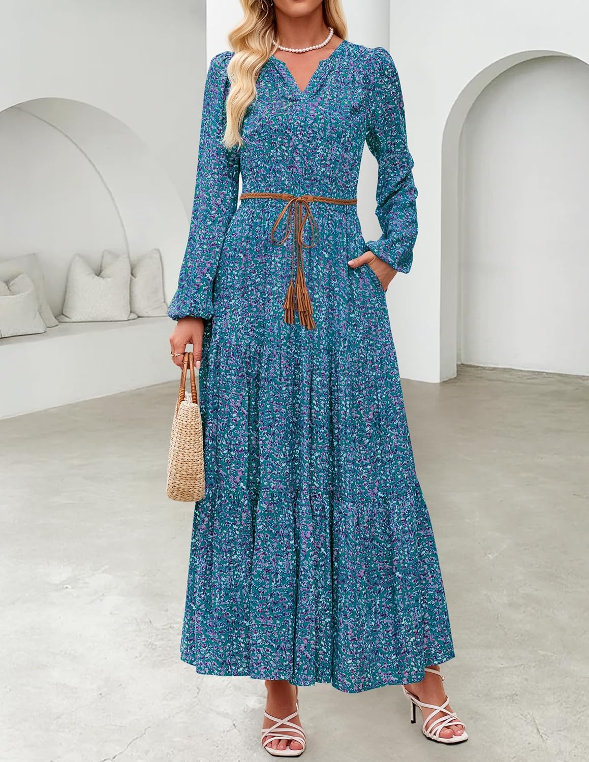 ZESICA Spring Dresses for Women 2026 Long Sleeve Boho Floral V Neck Empire Waist A Line Casual Flowy Wedding Guest Maxi Dress - Image 2