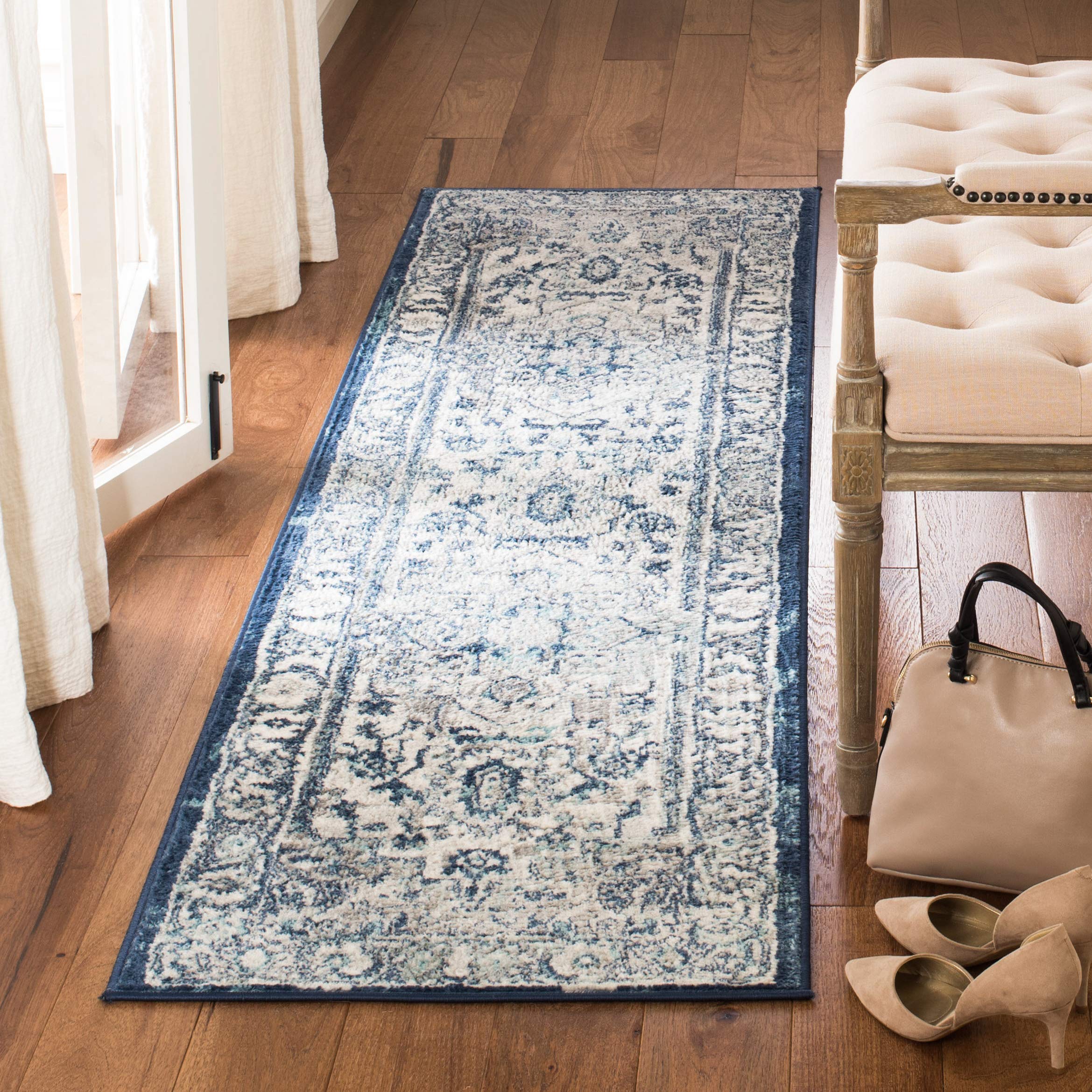 SAFAVIEH Brentwood Collection BNT851G Medallion Distressed Non-Shedding Living Room Entryway Foyer Hallway Bedroom Runner, 2' x 8' , Light Grey / Blue