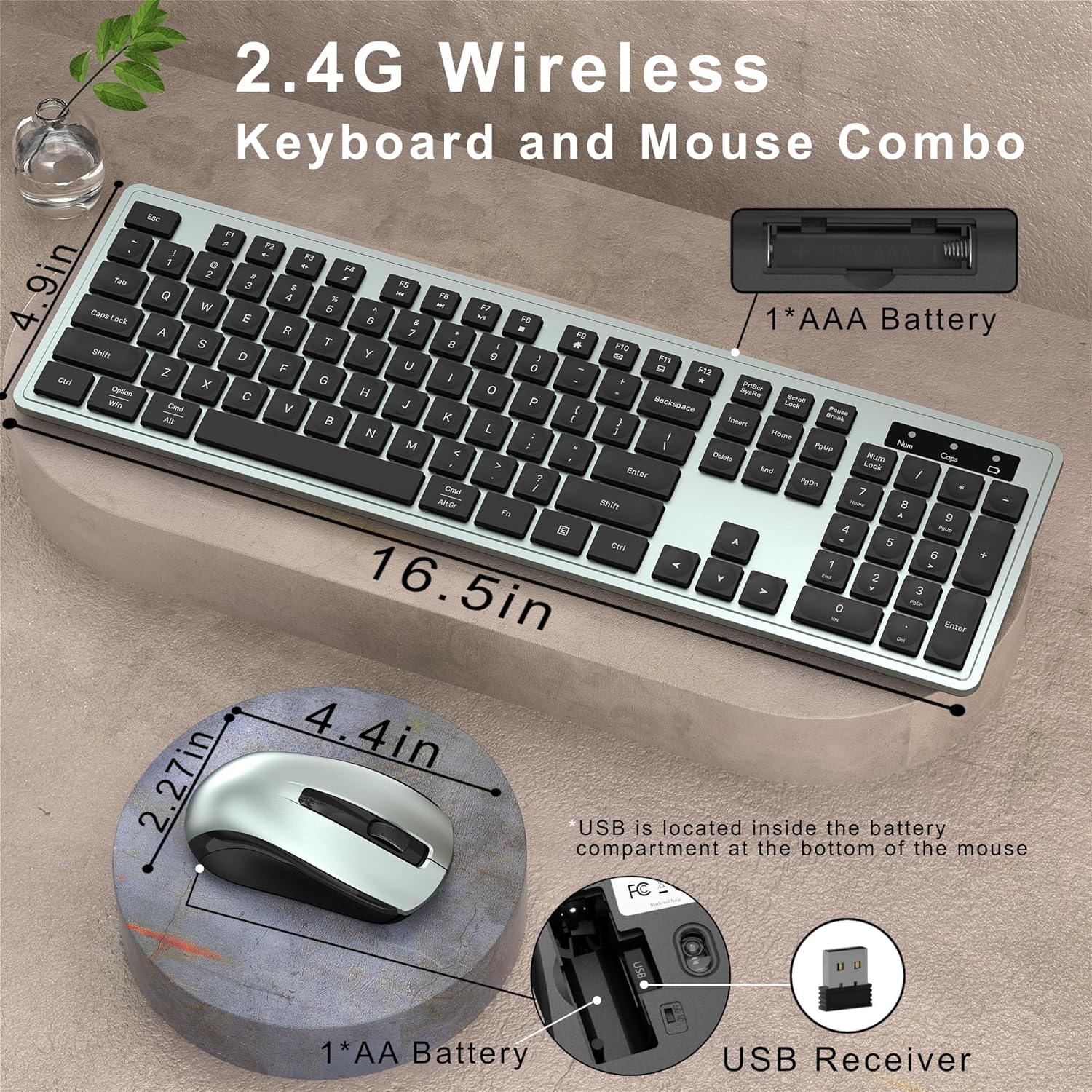 MPTOG Wireless Keyboard and Mouse Combo, Full-Size 104-Key Office Keyboard with 15 Function Keys, Numeric Keypad, Single USB Receiver, Compatible with PC and Laptop(Gray)