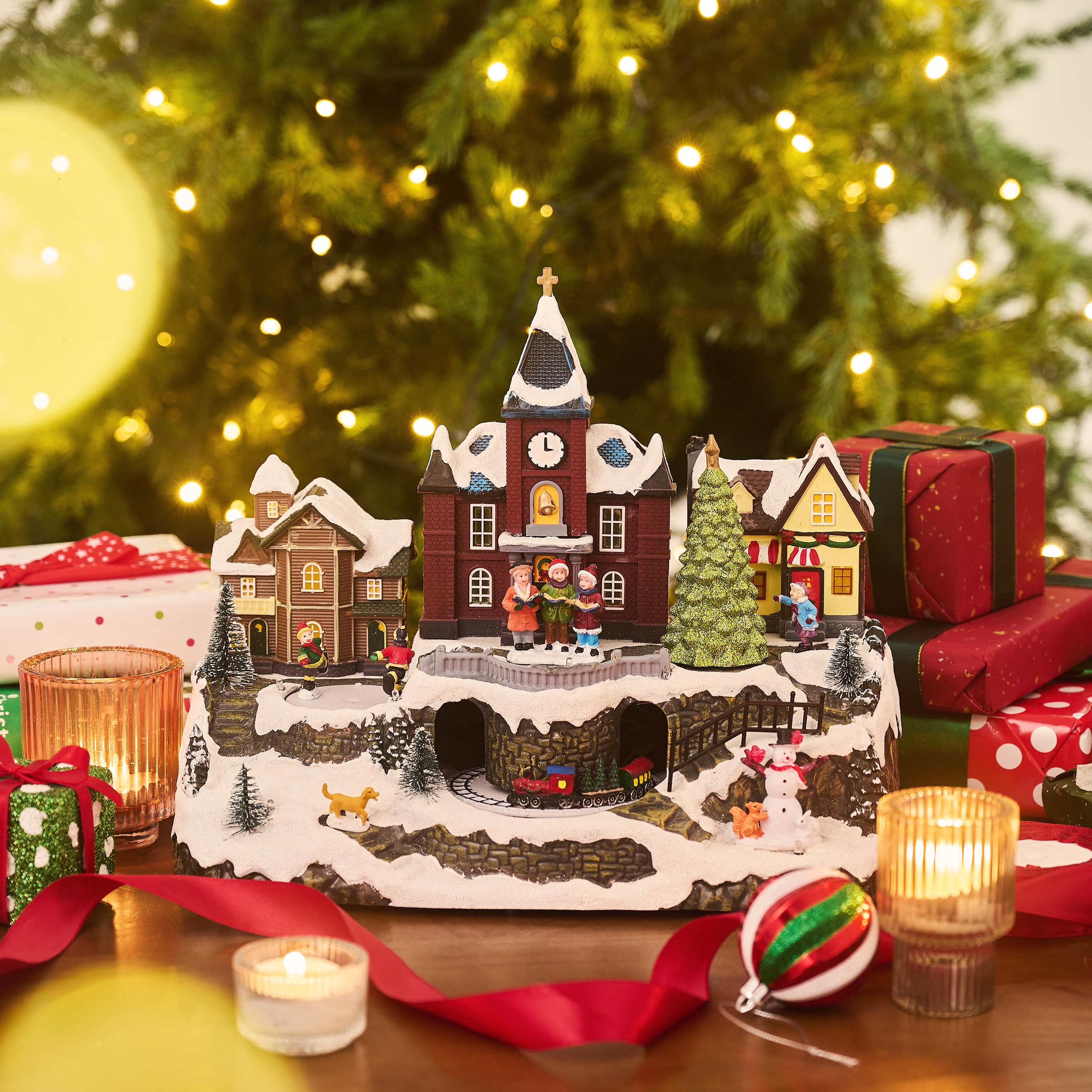 Valery Madelyn Christmas Village Decorations, Battery Operated Musical House, LED Lights Dynamic Trains Winter Scenes Figurine Retro Choir Town Gift for Christmas Decoration, 10.8 Inch