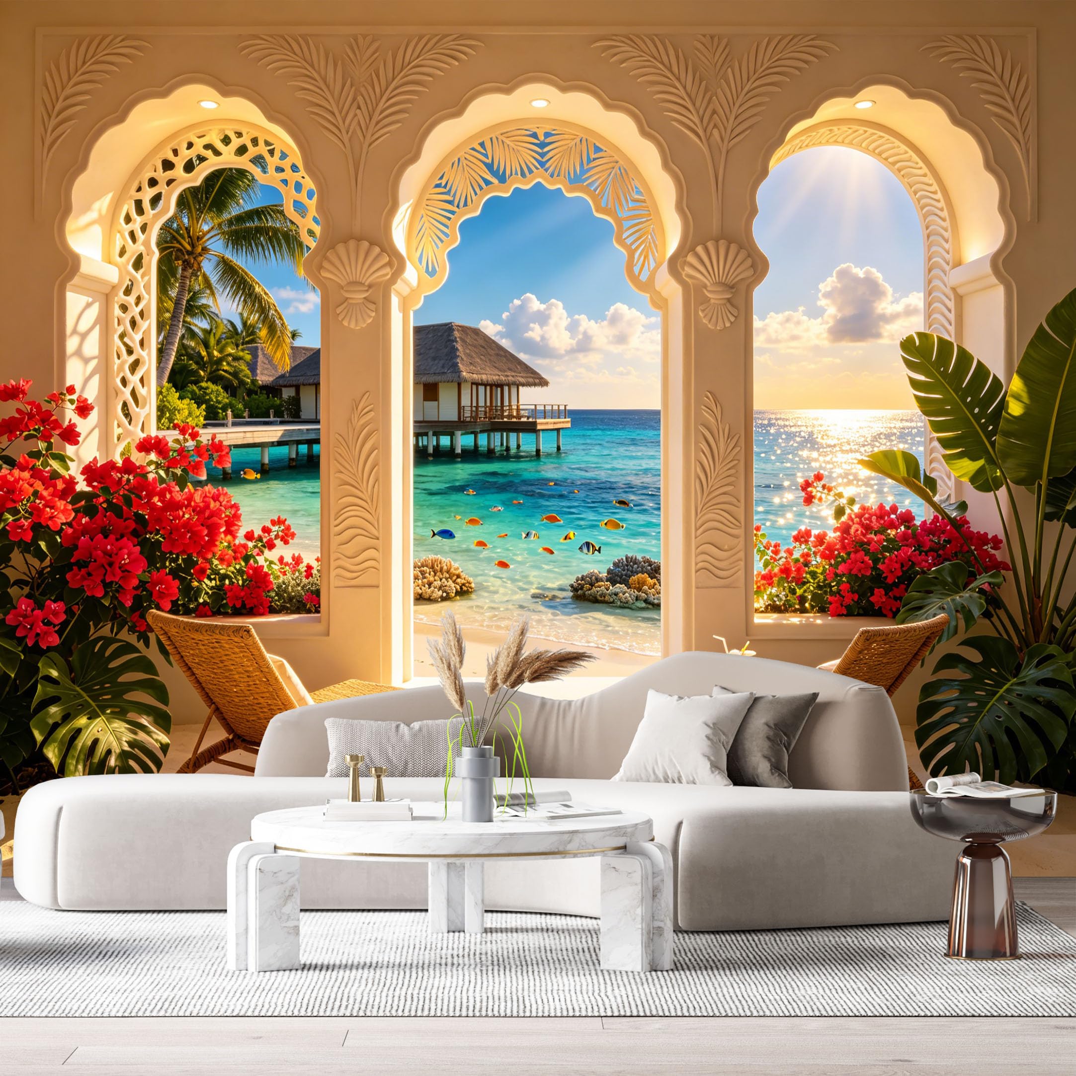 Custom Size Wall Murals Tropical Ocean Marine Coastal 3D Trompe L'Oeil Beach Palms Villa SelfAdhesive Wall Fabric Removable Large Wallpaper for Photo Living Room