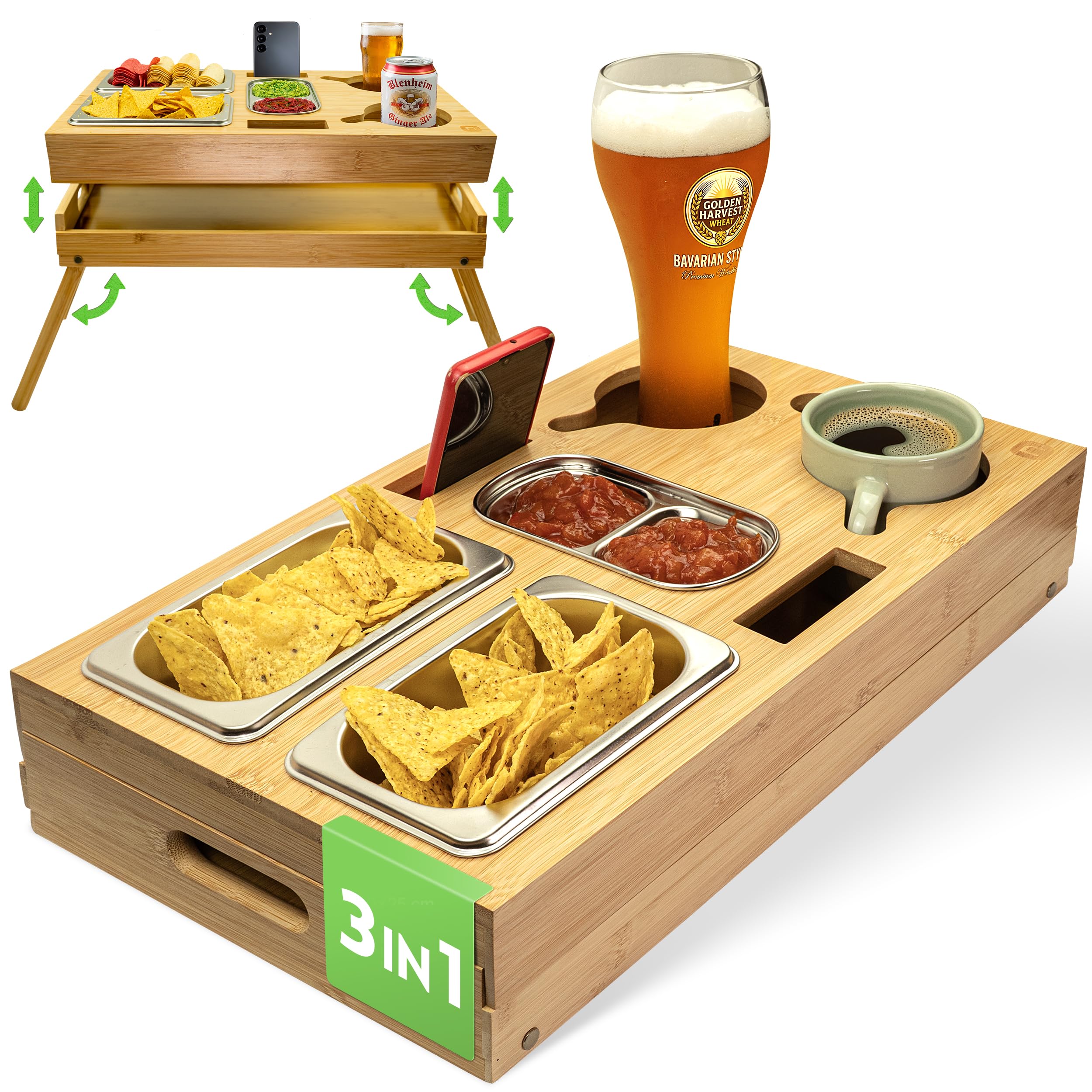 naturlik Plateau Canapé 3-en-1 avec Pieds Pliables – Plateau de Lit XL, Support Ordinateur & Bar de Canapé en Bambou – 3 Bols INOX & Porte-Gobelet – Organisateur Apéro Bois 46x27,5cm