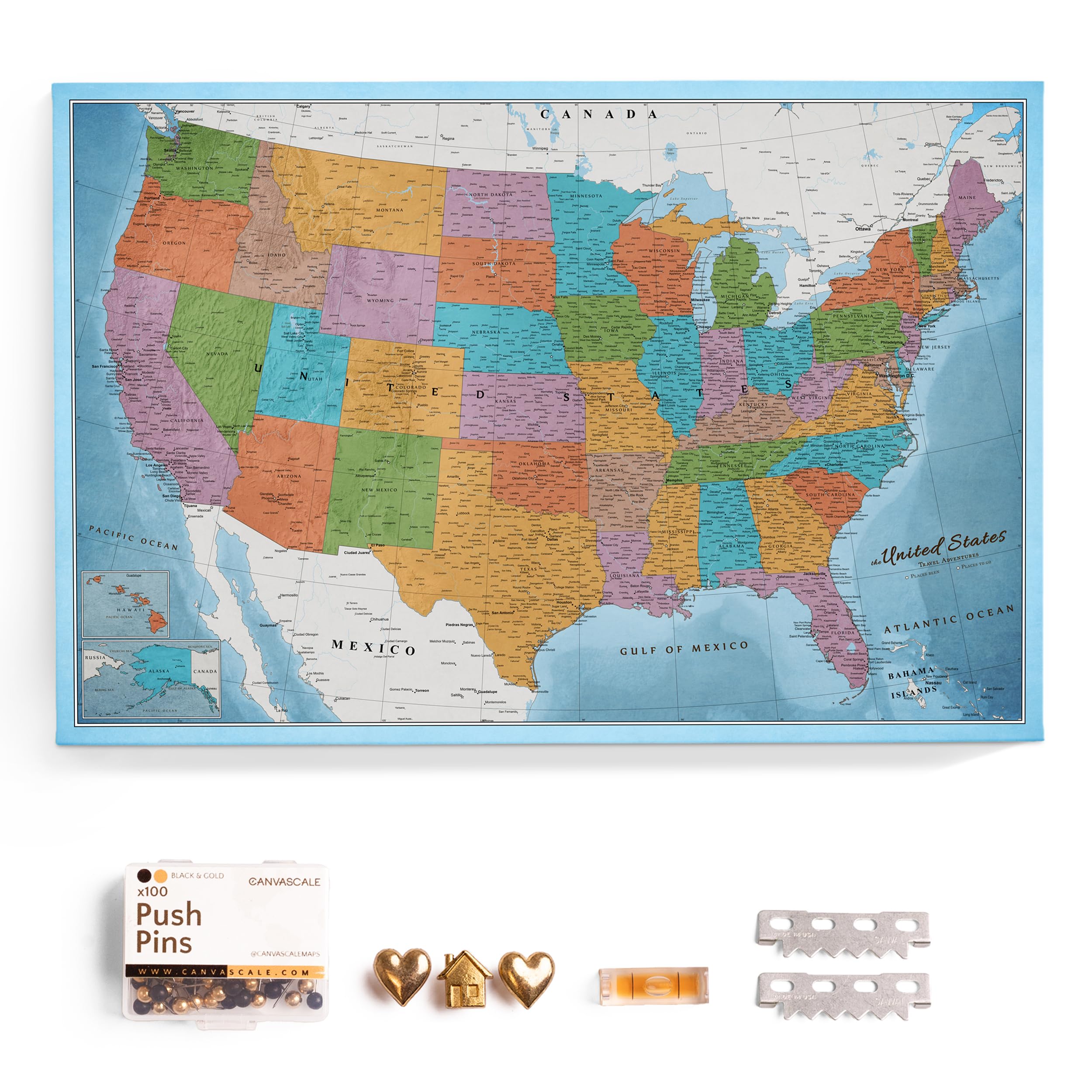 USA Map Canvas Wall Art with Cork Pin Board – Decorative Push Pin Travel Map for Home, Office, Living Room, Bedroom (150x100cm - Pattern 21)