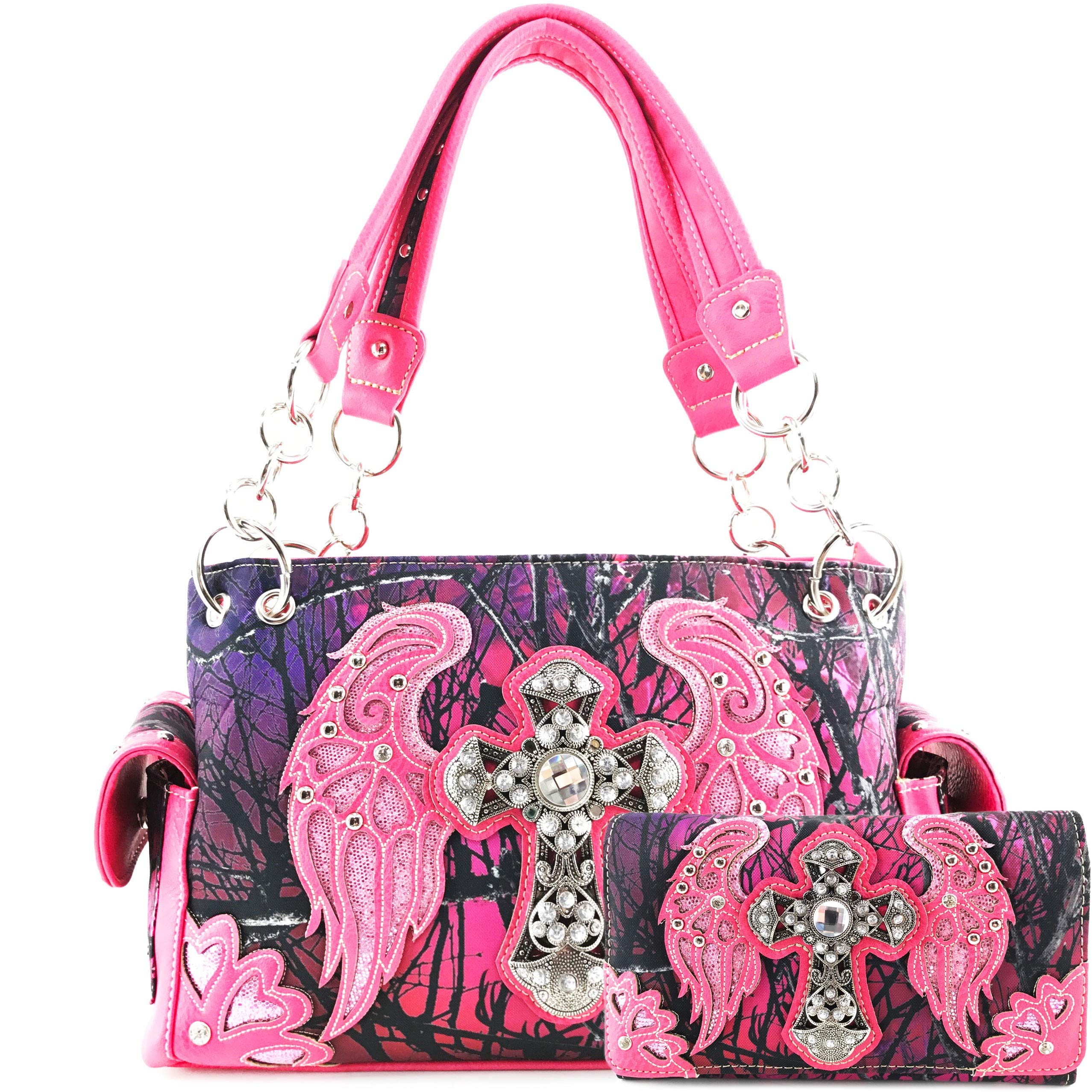 Zelris Camouflage Shine Glow Cross Wings Women Conceal Carry Handbag with Wallet (Hot Pink)