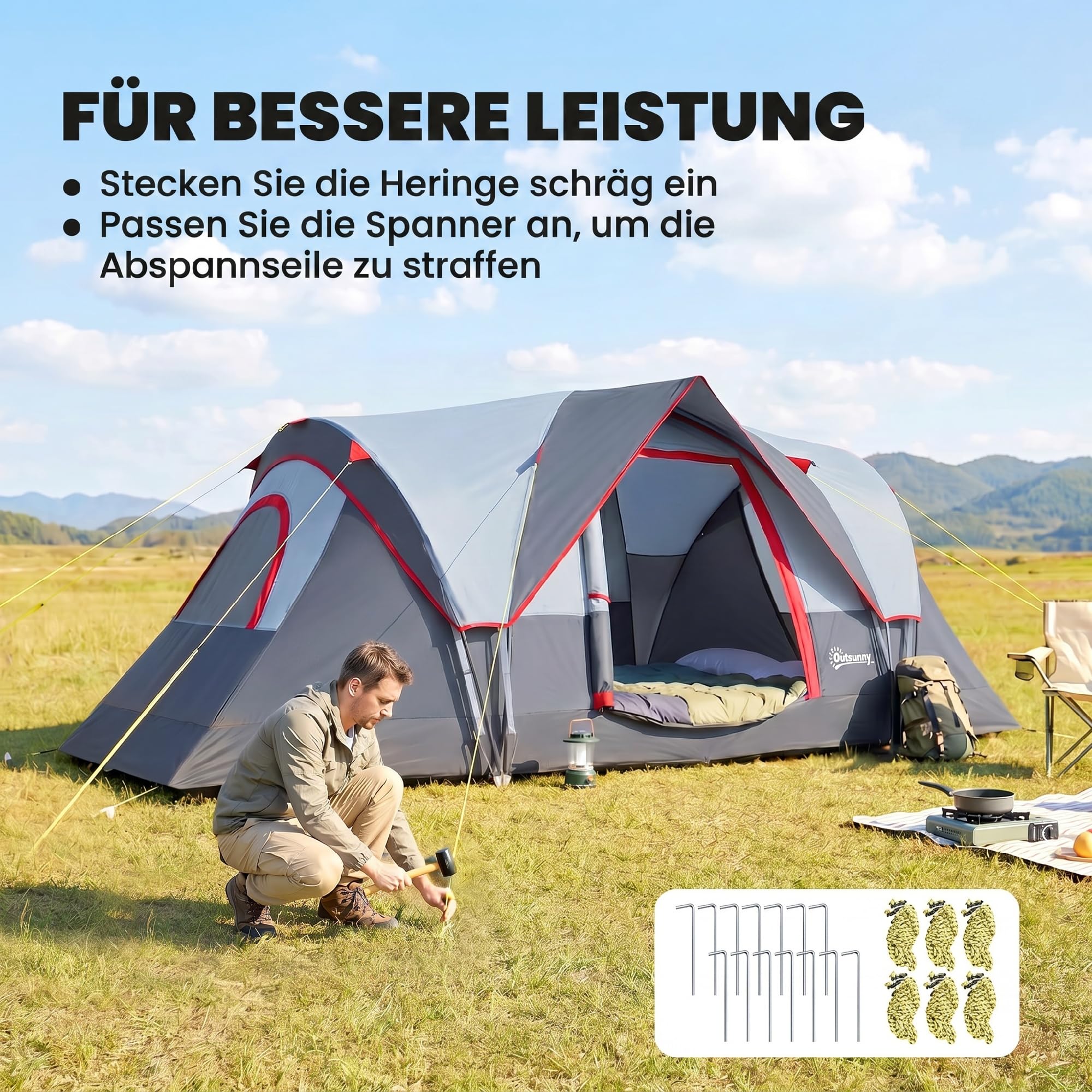 Outsunny Campingzelt für 5 Personen stabil wasserdicht Familienzelt mit Eingang Fenster Packtasche, Zelt mit 3000mm Wassersäule Tunnelzelt für Camping Reise Garten