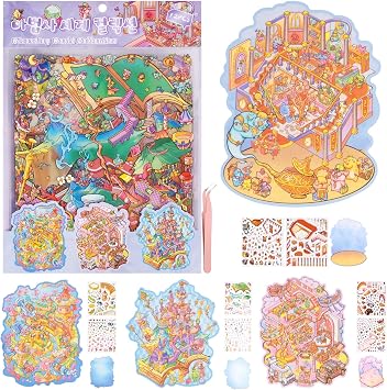12 Sets 3D Sticker Scene Book for Adults & Kids - DIY Sticker Room Scene Book Set, Kawaii Cute Mini Stickers for Girls, Stress Relief & Time Killing, Holiday & Christmas Fun, Magical World Theme