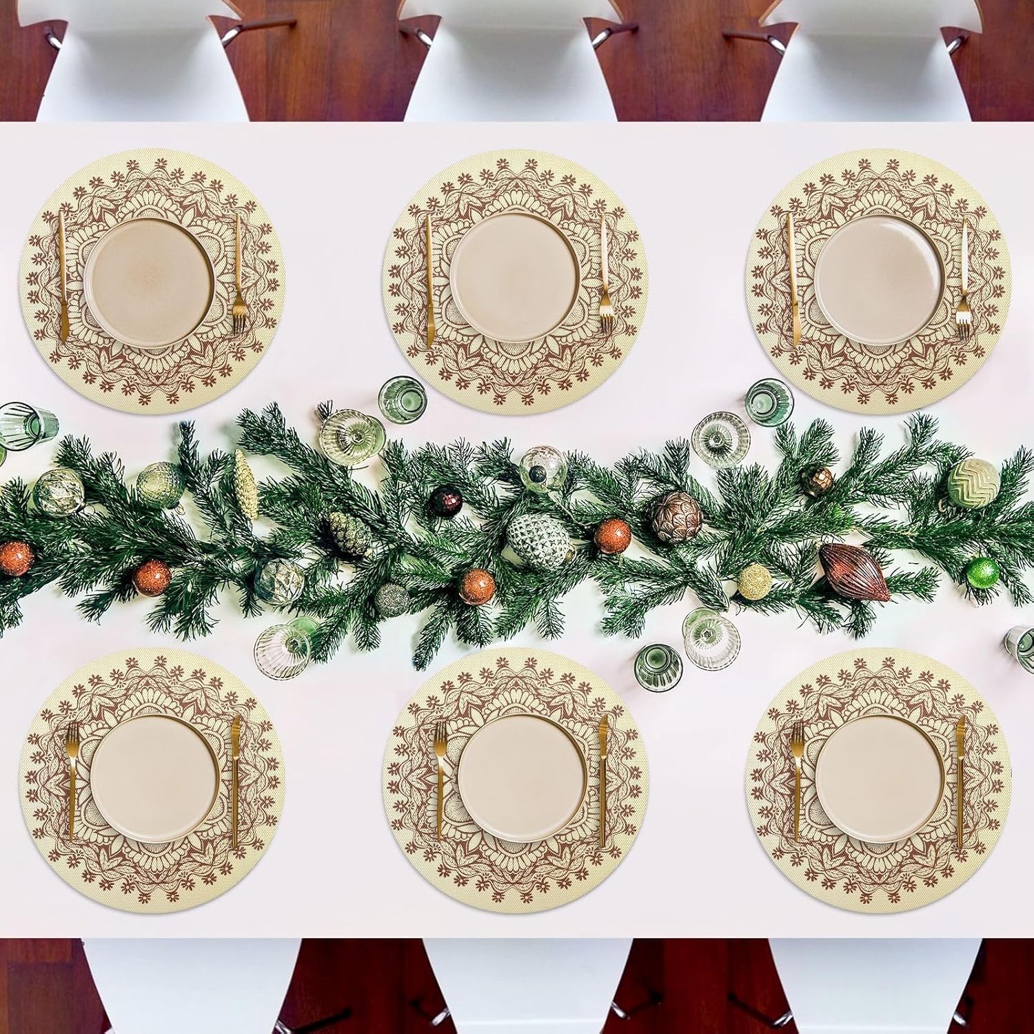Round Placemats Set of 6 Non Slip Table Mats Washable Heat Resistant Place Mat for Kitchen Dining Table Home Decor 15.4 Inch Mandala Flower