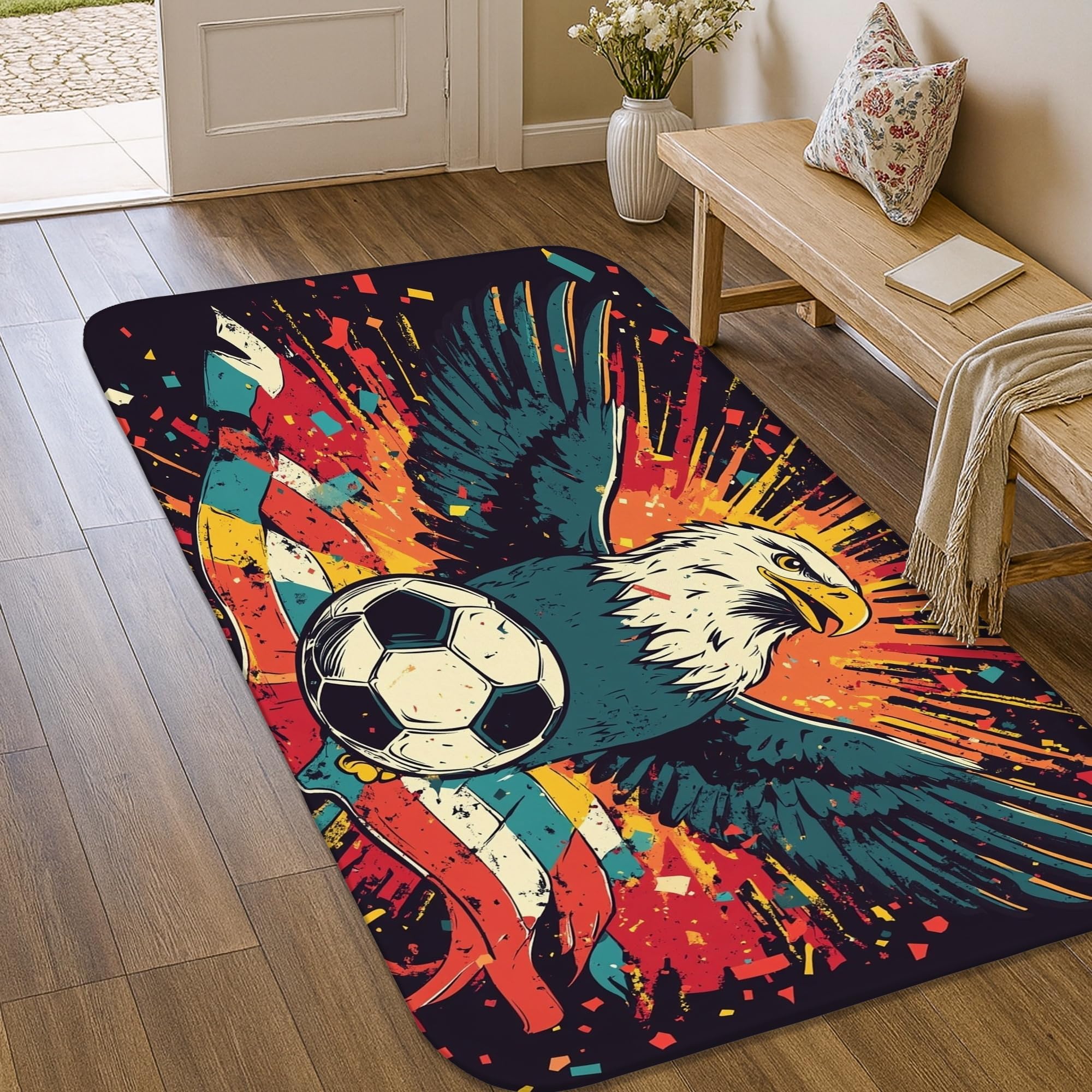 Tapis salle de bain football bleu d'été à poils courts rectangulaire 0,9x1,5m