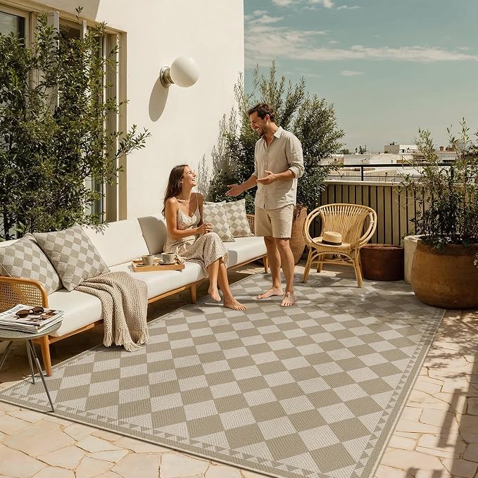 5x7 Beige Brown Checkered Linen Look Indoor Outdoor Rug for Patio | Linen Look, High Traffic, Foldable, Easy Clean Indoor Outdoor Rug for Patio, Balcony, Porch, Garden