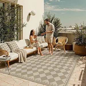 HUGEAR 5x7 Outdoor Rug Brown/Beige Linen-Look Checkered Area Rug
