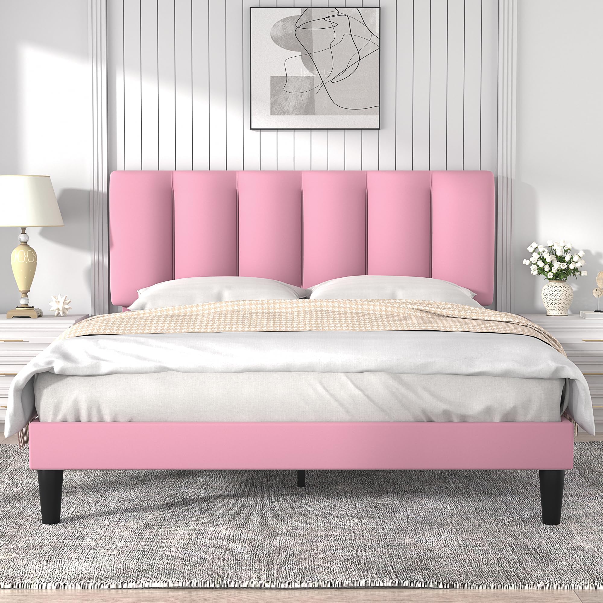 Amazon.com: VECELO Queen Bed Frame with Upholstered Headboard, Platform ...
