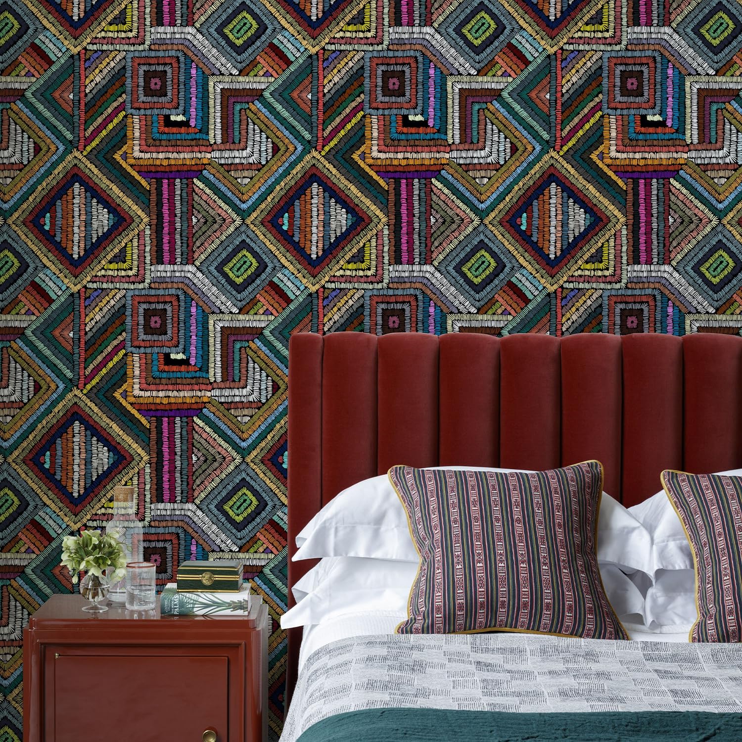 Retro Textured Peel and Stick Wallpaper Geometric Patchwork color Mosaic Wallpaper Backsplashes for bathroom Abstract patterns removable wallpaper Contact Paper (colorful block, 17.3"x393.7")