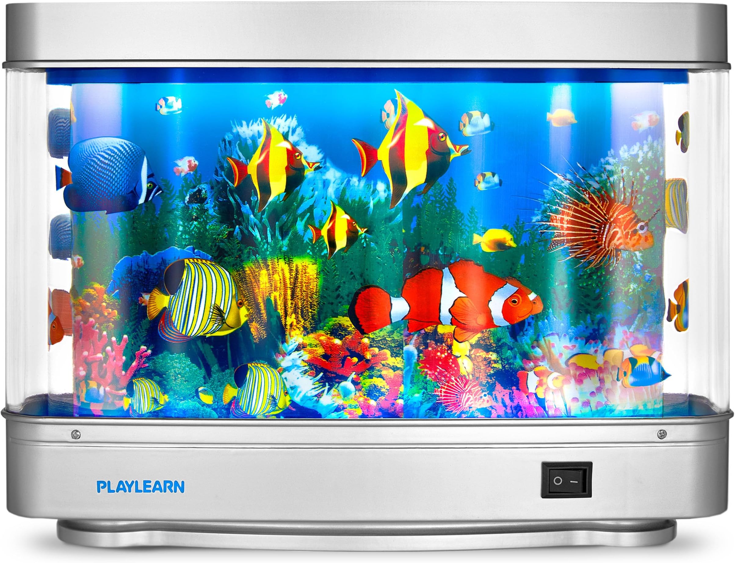 Playlearn USA Fake Fish Tank Mini Aquarium - Artificial Fish Tank with Moving Fish - Fake Aquarium Lamp - Perfect Sensory Lamp, Grey Base (JFT_ROLL)