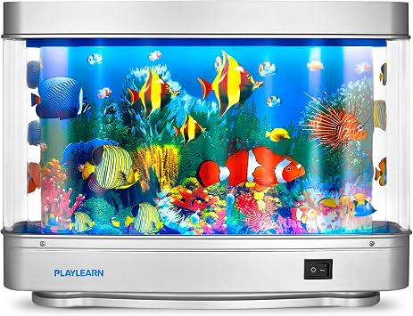 Playlearn USA Fake Fish Tank Mini Aquarium - Artificial Fish Tank with Moving Fish - Fake Aquarium Lamp - Perfect Sensory Lamp, Grey Base JFT_ROLL