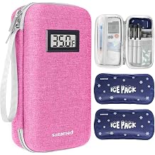 suzamed Temp Display Insulin Cooler Travel Case, 2PCS 150g Ice Pack, Pink | TSA Approved, Portable EVA Insulated Medication Cooler Fit 15 Pens & Diabetic Supplies, Diabetes Care for Daily Use & Trip