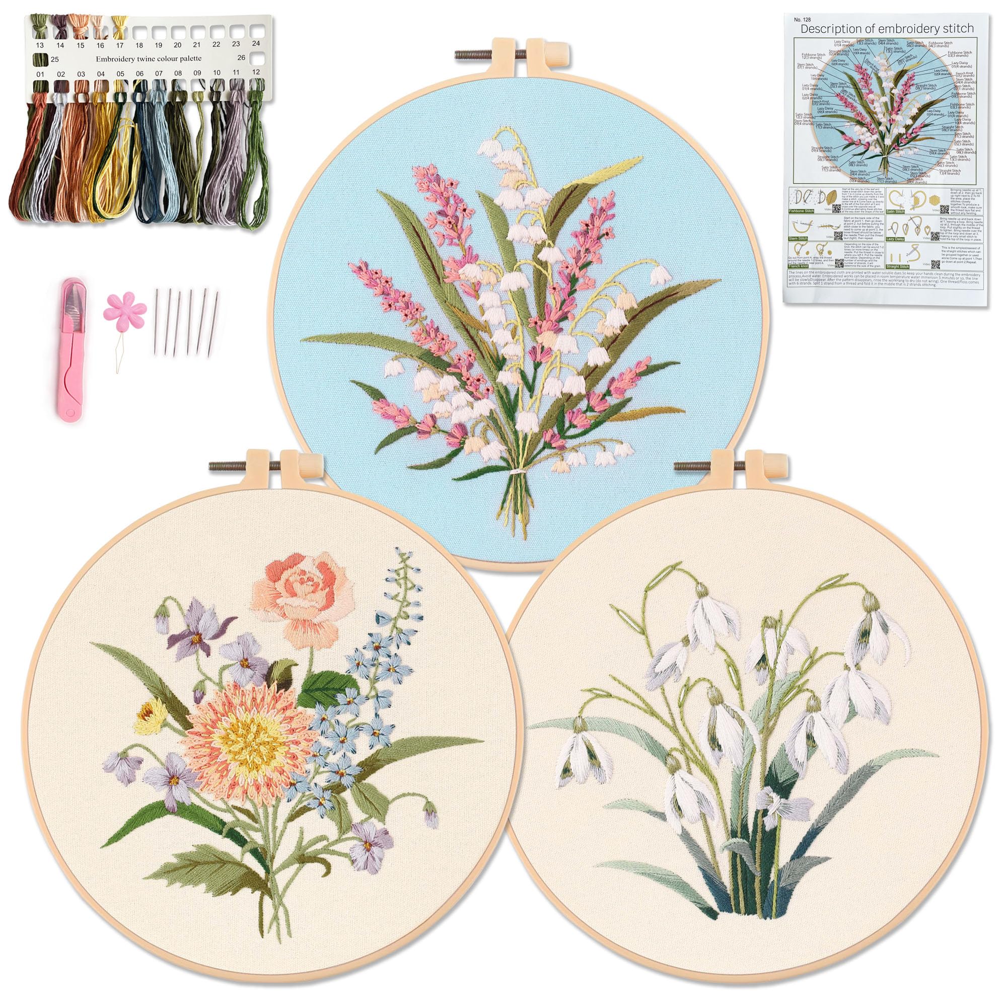 Myfelicity Embroidery Kit, 4 Flower Pattern Embroidery Set with 4 Patterns and 2 Hoops, Adult and Beginner Needlepoint Kit with Floss, Needles, Cotton Fabric and Instructions
