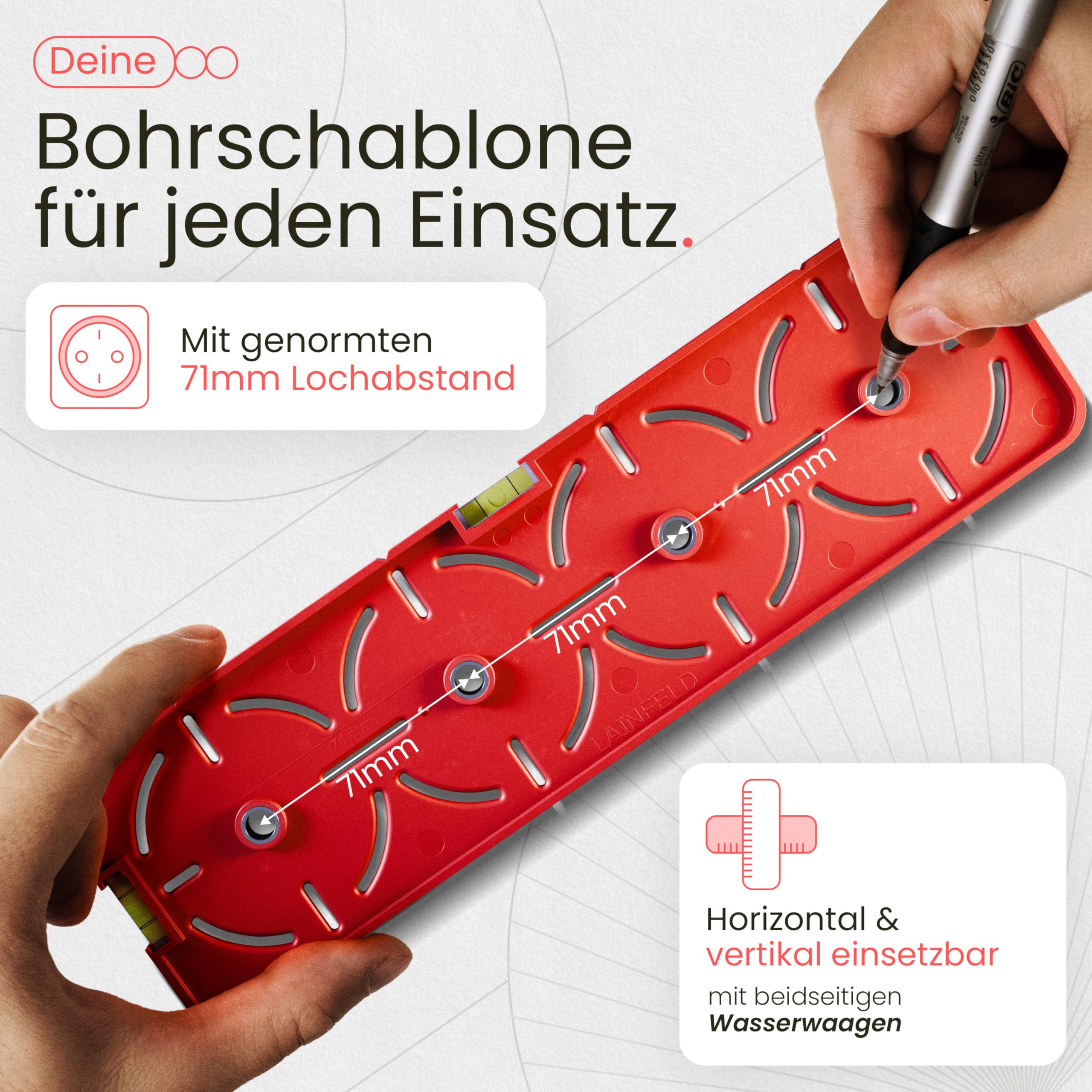 LAINFELD Szablon do wiercenia gniazd | W zestawie z poziomicą | Poziomica elektryka do gniazda wnękowego, gniazda wpuszczane, gniazda natynkowe, szablon do budowy szkieletowej