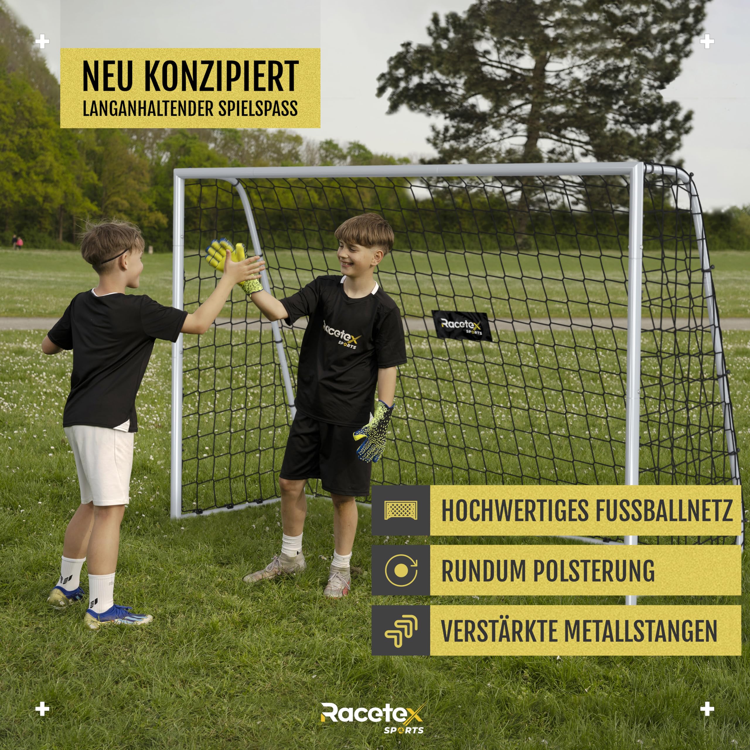 Racetex Fussballtore für Garten Kinder [WETTERFEST] - Fußballtor Kinder und Erwachsene mit stabilem Metallrahmen und Erdankern – Komfortabel aufzubauendes Fußball Tor