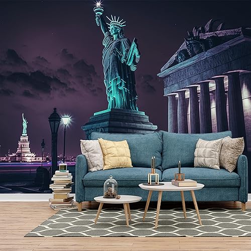 DEKOROS.COM Estatua de la Libertad - Papel pintado de cielo nocturno de la ciudad de Nueva York, gran ángulo de vista, arte mural de pared grande