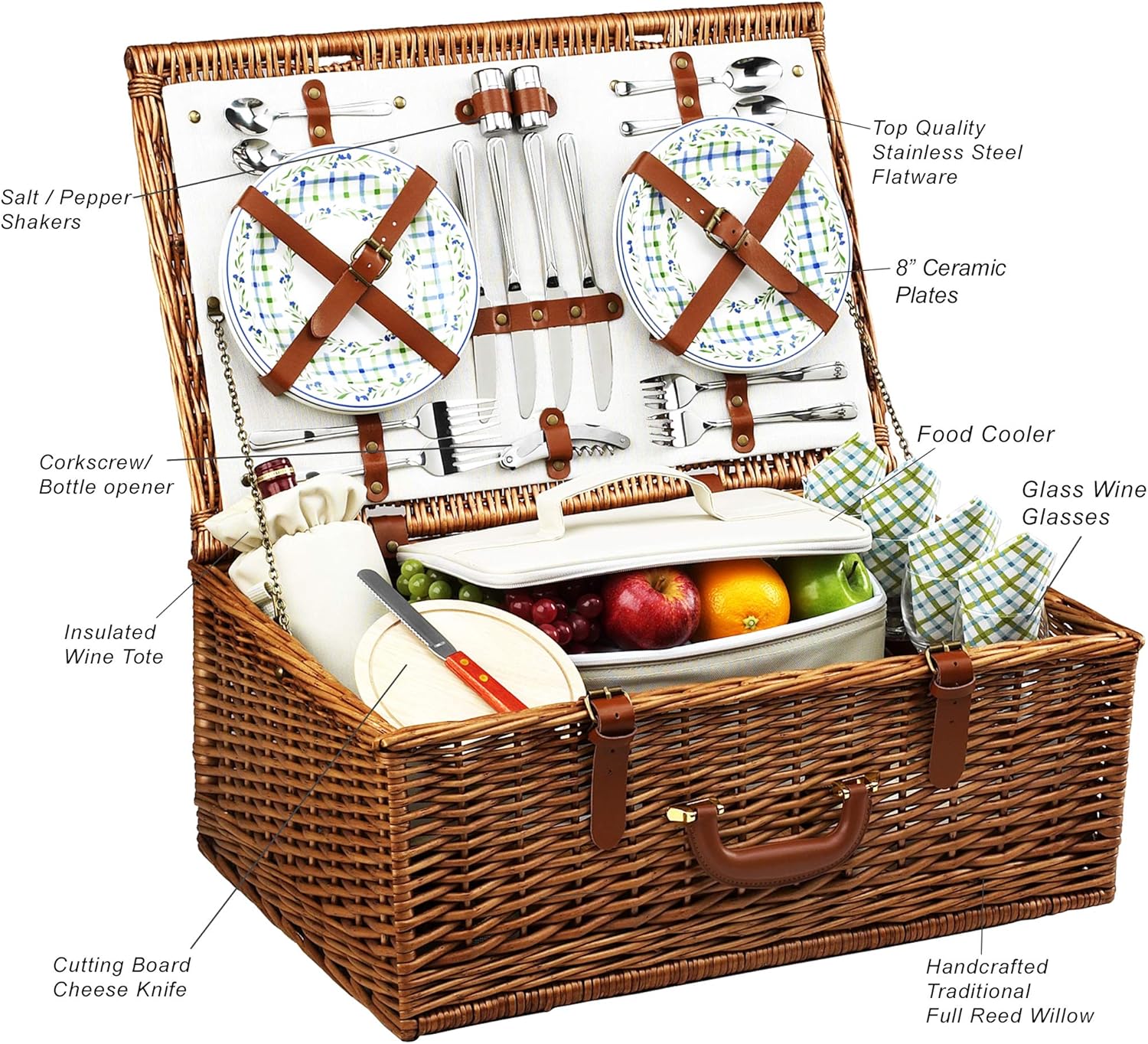 Picnic at Ascot Dorset English-Style Willow Picnic Basket with Service for 4 - London Plaid : Patio, Lawn & Garden