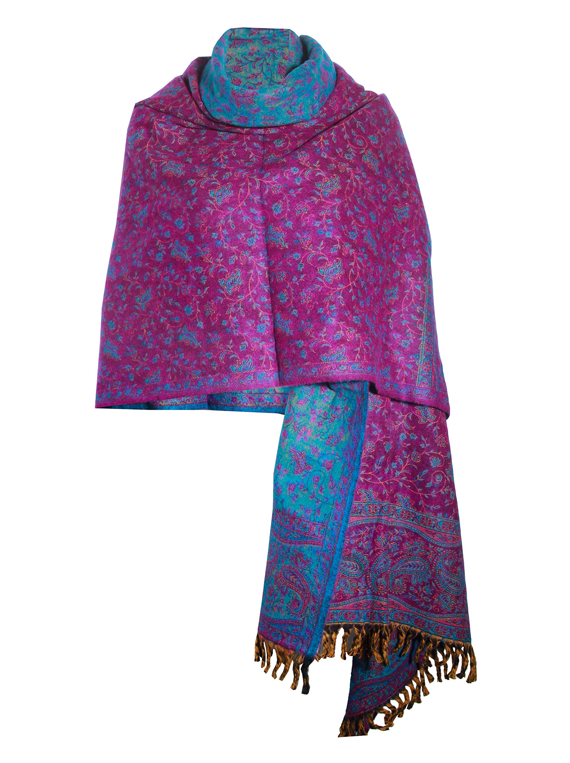 TIBET Handgefertigter luxuriöser Schal mit floralem Muster, übergroß, wendbar, aus reiner Yakwolle, Violett / Blau, violett, blau, One size