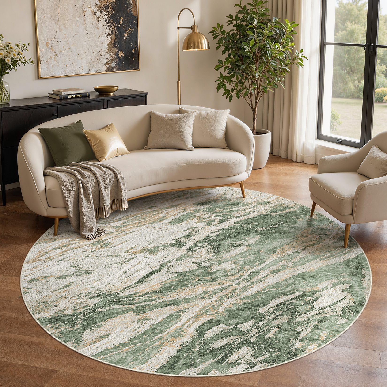 Photo 1 of Micgeek 6ft Round Abstract Area Rug - Green Brown