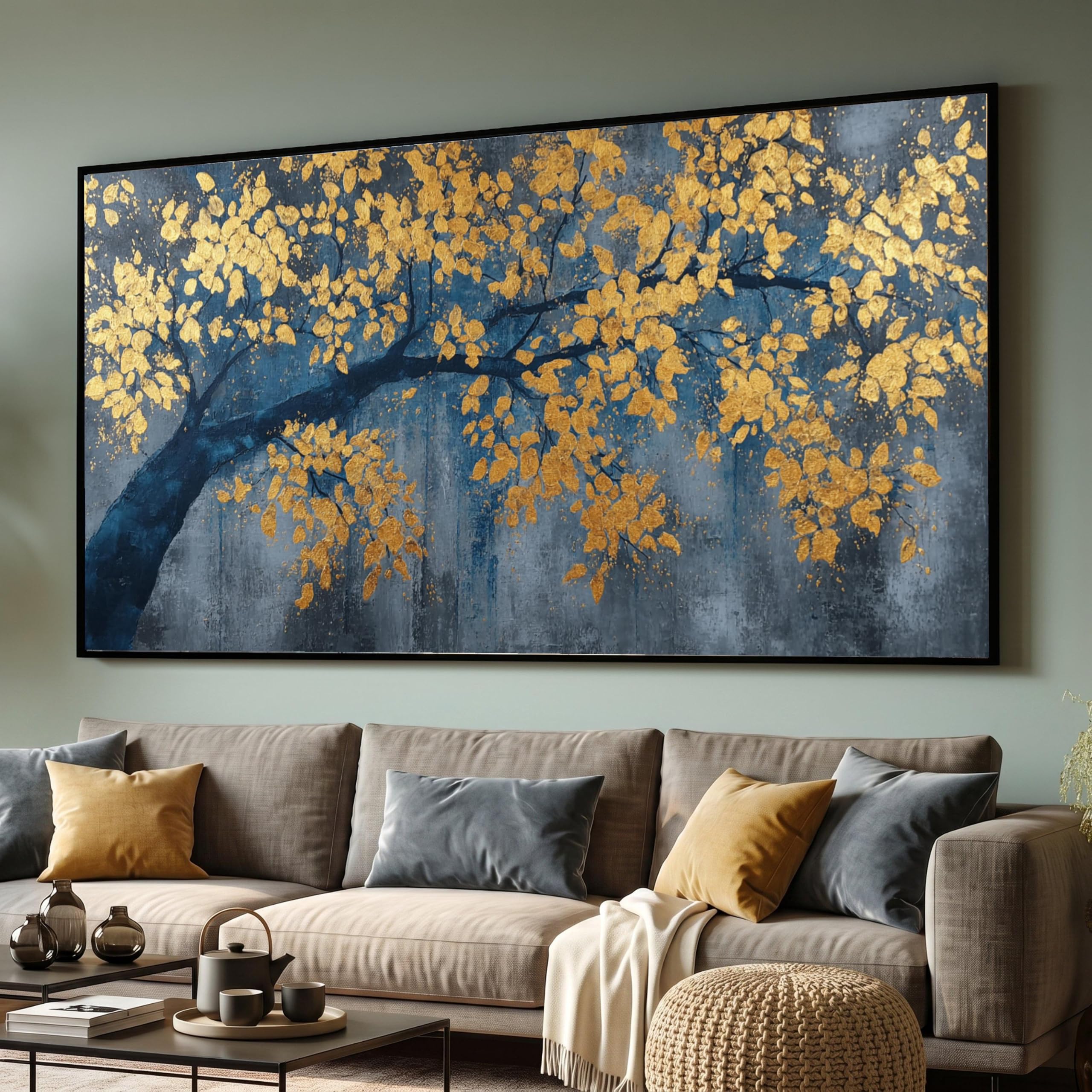 Lmycheng Frameless Abstract Golden Tree Canvas Wall Art, Blue Gray Background, Leaf Posters Design, Nature Home Decor Oil Painting(30X50cm/Frameless)