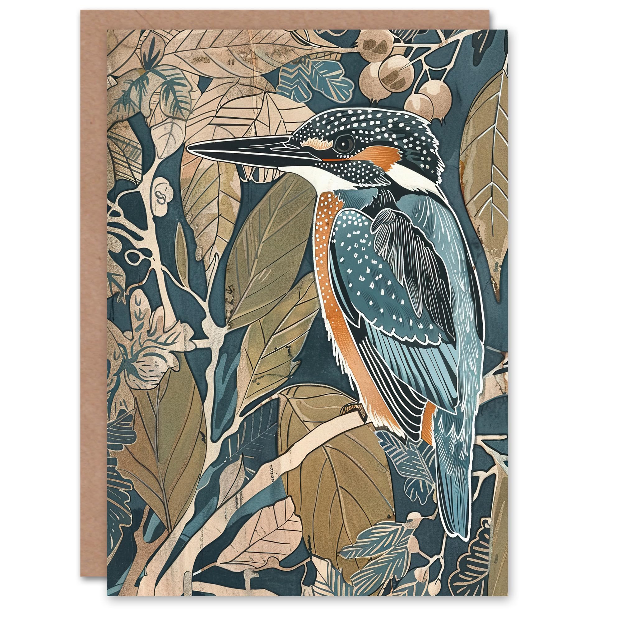 Artery8 - Greeting Card - Kingfisher Bird on Tree Branch - Blue Botanical