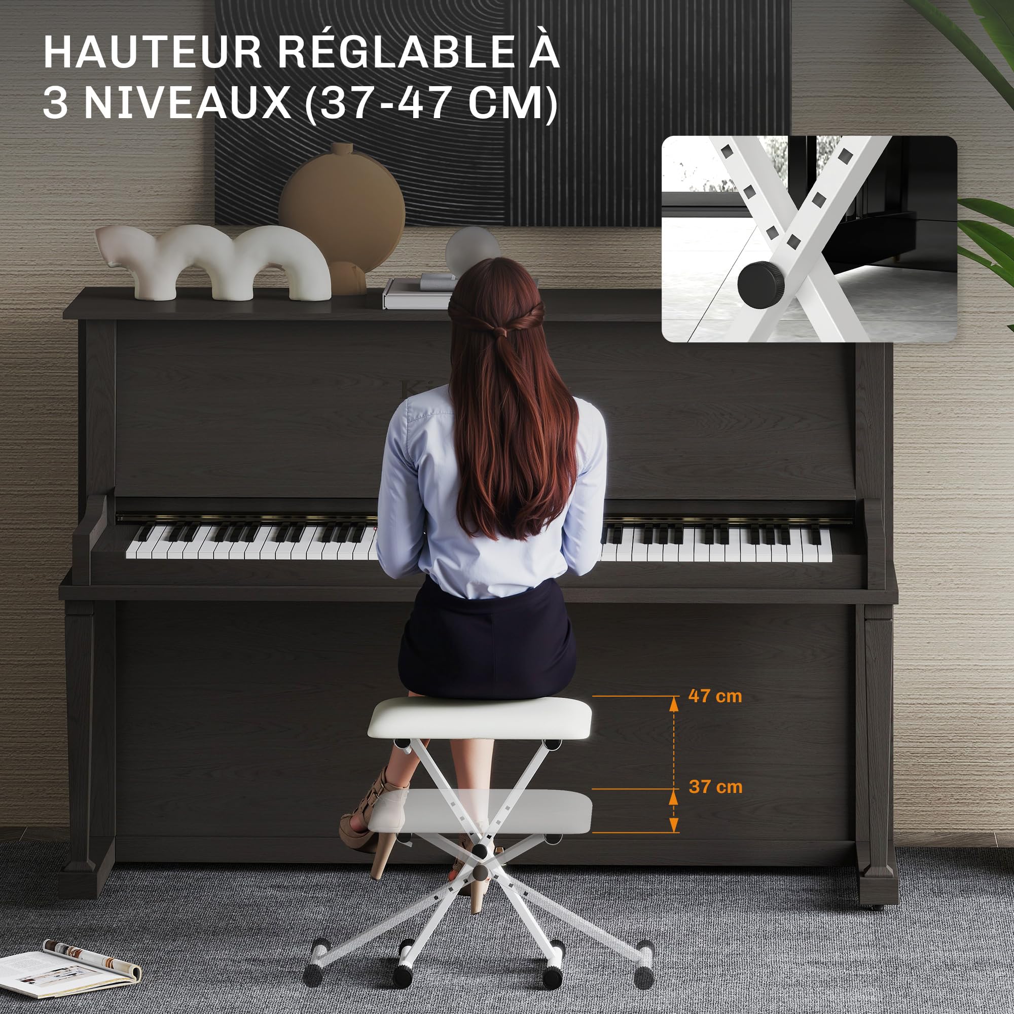 HOMCOM Tabouret Piano Pliable, Banc Piano réglable en Hauteur de 37 à 47 cm, siège rembourré en PU et Pieds en métal antidérapants, Charge 100 kg, Blanc