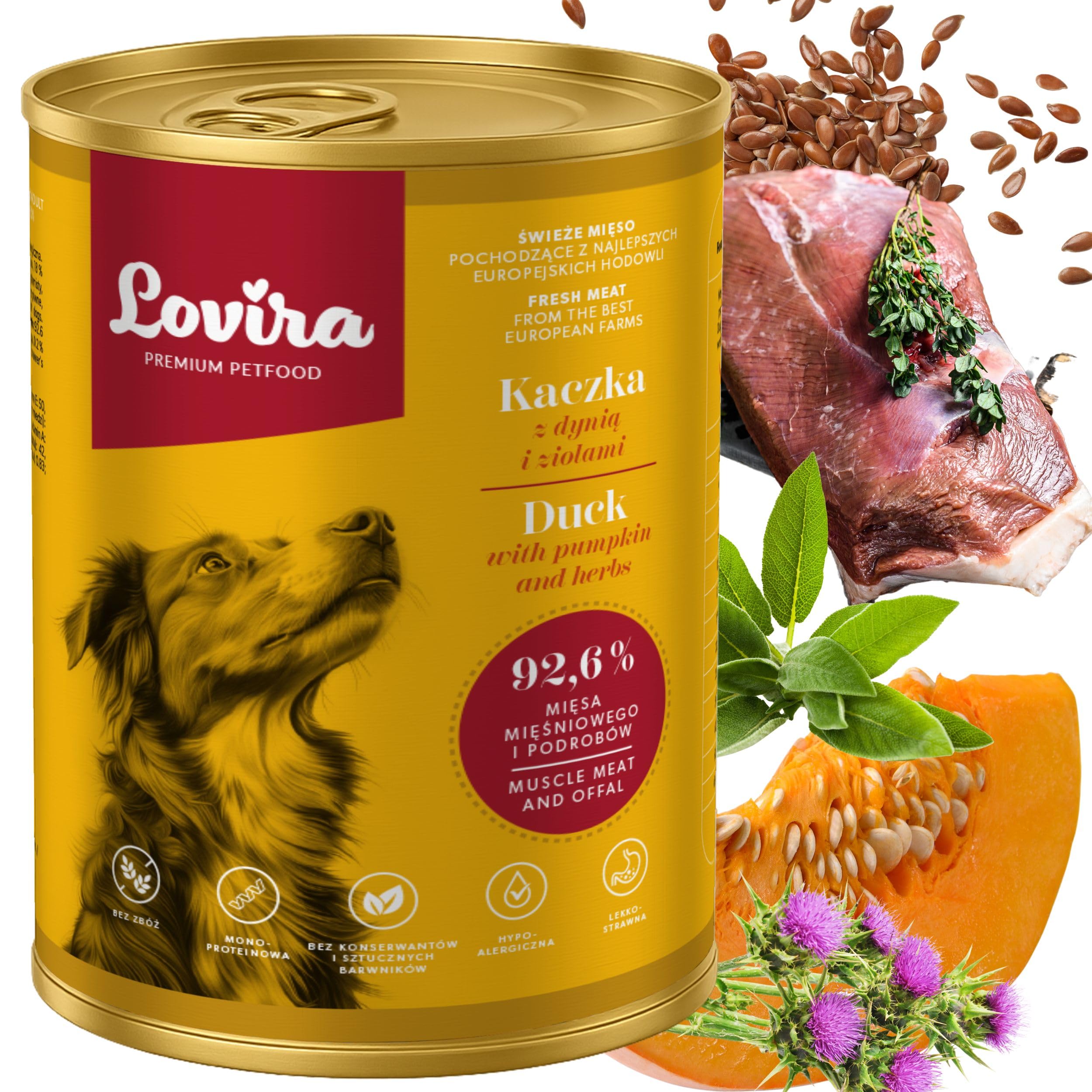 Lovira - mokra karma dla psów - mokra karma dla psów - 74,6% mięsa, bez zbóż, kaczka - z dynią i ziołami, bez sztucznych dodatków, dla wrażliwych, dorosłych psów, w puszce, 24 x 400 g