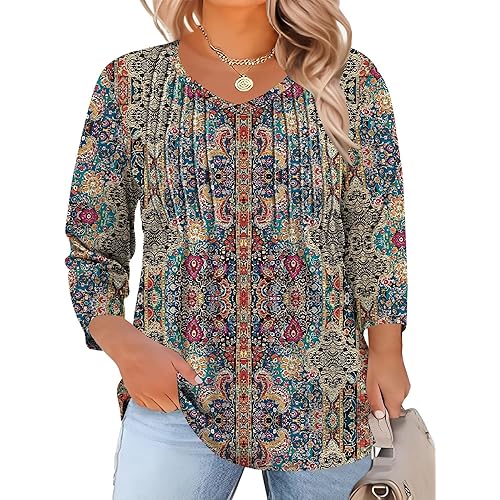 Romanstii Plus Size Tops for Women Womens 2025 Summer 3/4 Sleeve Blouses Dressy Casual V-Neck T-Shirts Pleated Tunic XL-5XL