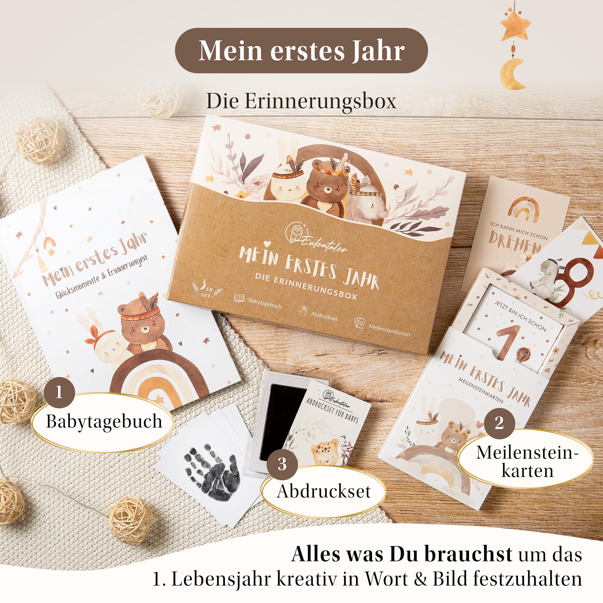 EULENTALER® 3in1 Babyalbum Set: Babytagebuch „Mein erstes Jahr“ + Meilensteinkarten + Abdruckset + Box - Geschenk zur Geburt für Junge & Mädchen