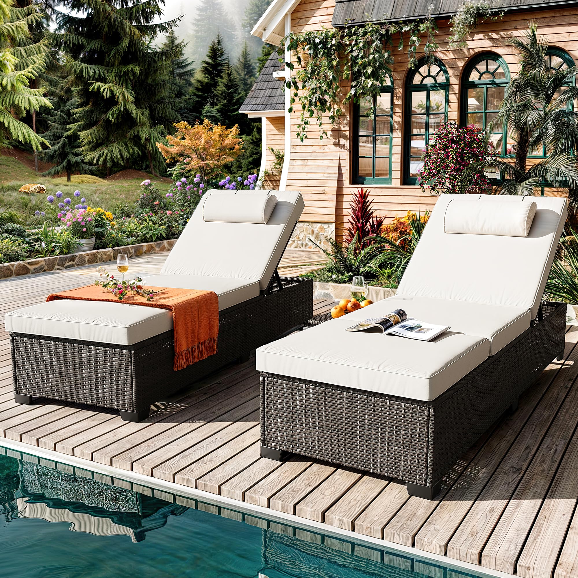 Outdoor PE Wicker Chaise Lounge Chairs, Pool PE Wicker Lounge Chairs Set of 2, Brown Rattan Pool Lounge Chairs Adjustable Backrest Recliners with