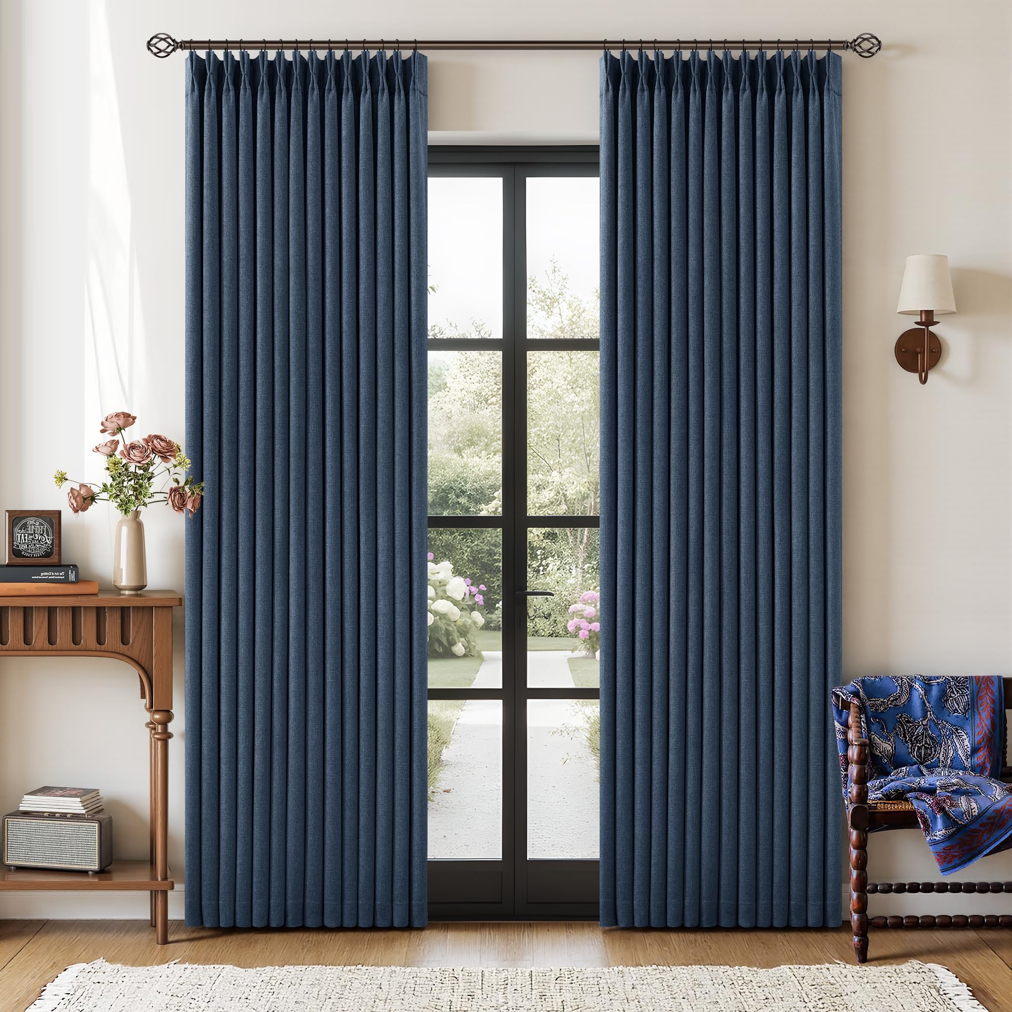 Navy Blue 84 Inch Pinch Pleated Blackout Textured Linen Curtains 2 Panels โ image 1