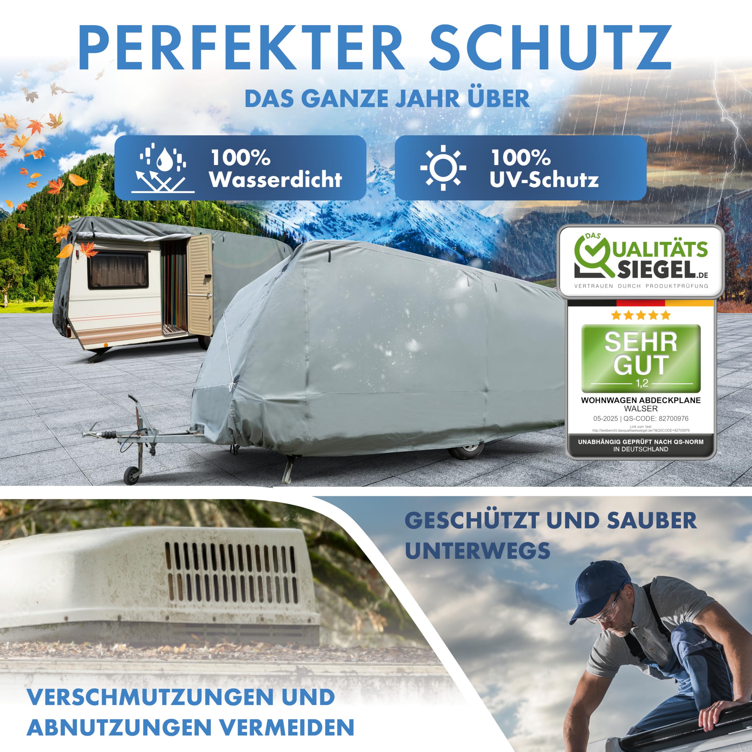 WALSER Premium Wohnwagen Abdeckplane, 100% wetterfeste Wohnwagenabdeckung, wasserdichte Wohnwagenplane mit UV-Schutz, Wohnwagen Schutzhülle, Wohnwagen Abdeckung inkl. Aufbewahrungstasche 470x250x220cm