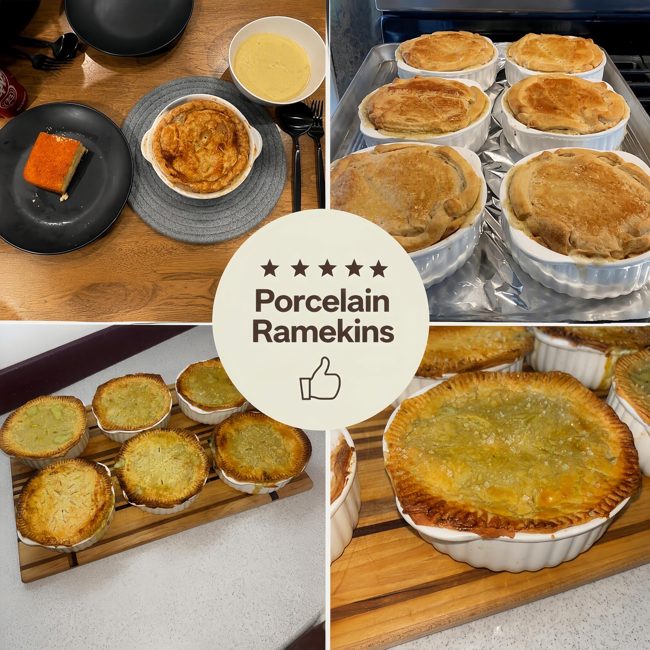 6 Stück Porzellan-Auflaufförmchen mit Griffen, 400 ml, Keramik, Creme-Brulee-Souffle-Backformen, französische Zwiebel-Suppenschalen für Ramen, Eintopf, Lavakuchen, mikrowellengeeignet, weiß