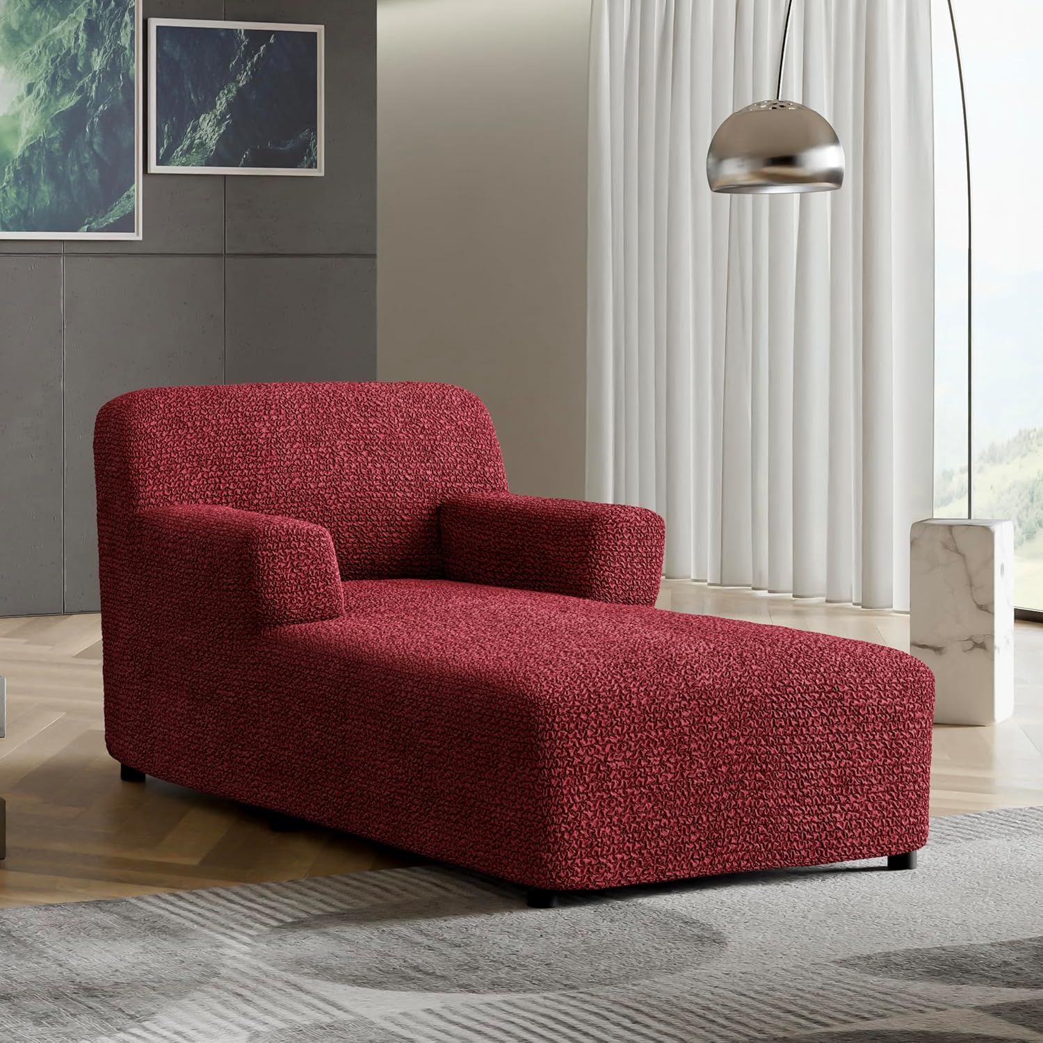 PAULATO BY GA.I.CO. Stretch Chaise Lounge Slipcover 1-Piece – Soft Bi-Elastic Cover for Lounge Chair – Furniture Protector Machine Washable – Burgundy (with Armrest 32"-48" Wide)