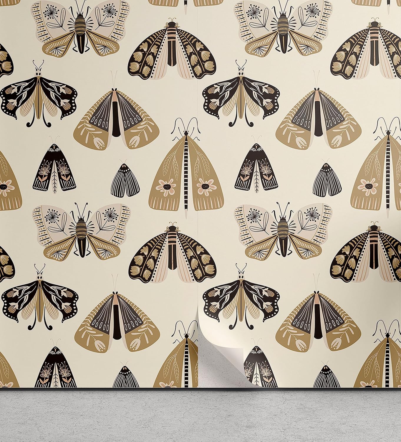 Ambesonne American Traditional Peel & Stick Wallpaper for Home, Oldschool Inspired Moth Illustration with Floral Wings, Self-Adhesive Living Room Kitchen Accent, 13" x 72", Camel Cream Charcoal Grey
