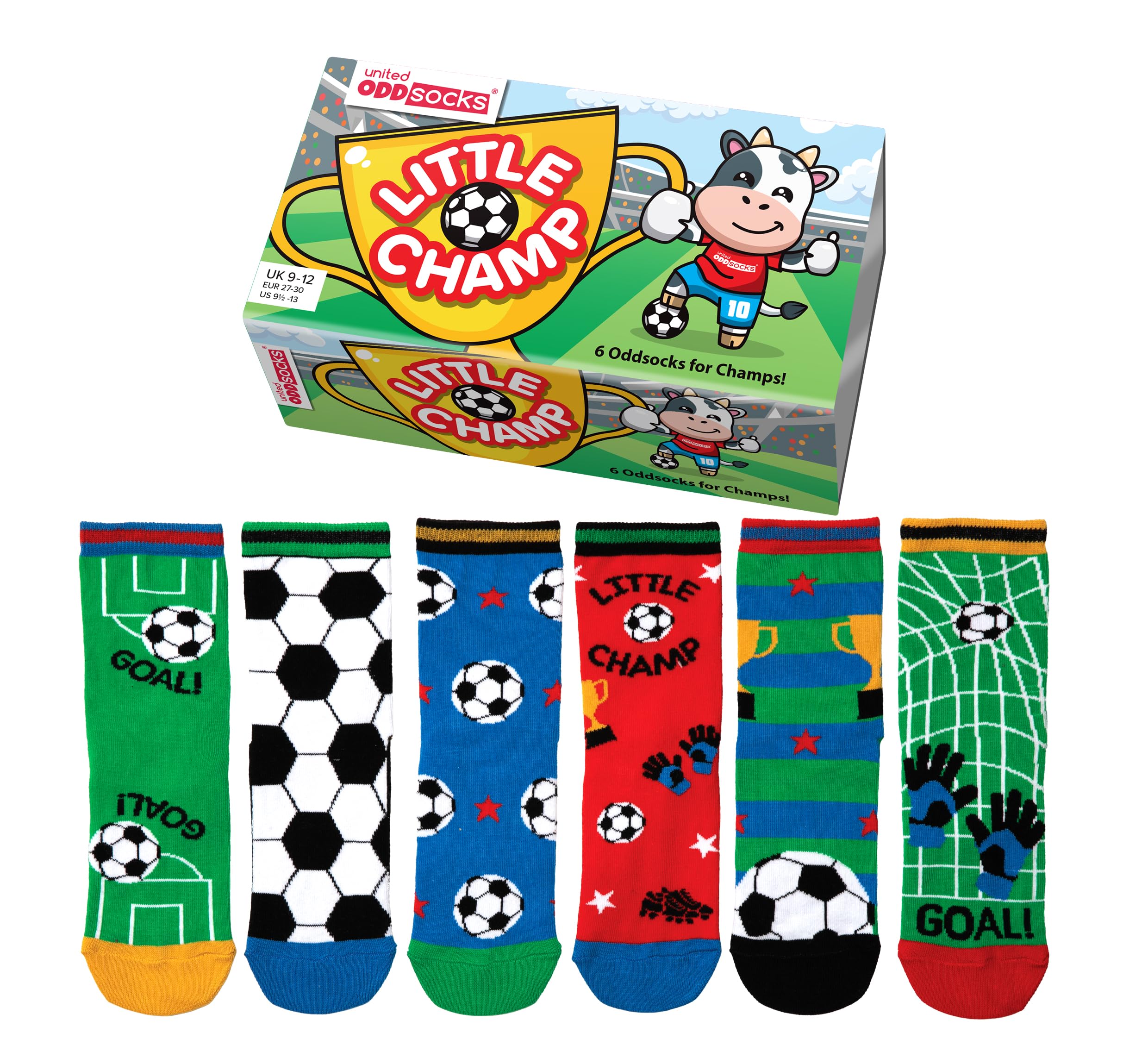 United Oddsocks Champ - Box of 6 Oddsocks For Boys, UK 9-12, Multicolour | Fun and Silly Novelty Socks, Colourful Mismatched Odd Socks, Birthday Gift for Boys, Fun Novelty Gift Idea