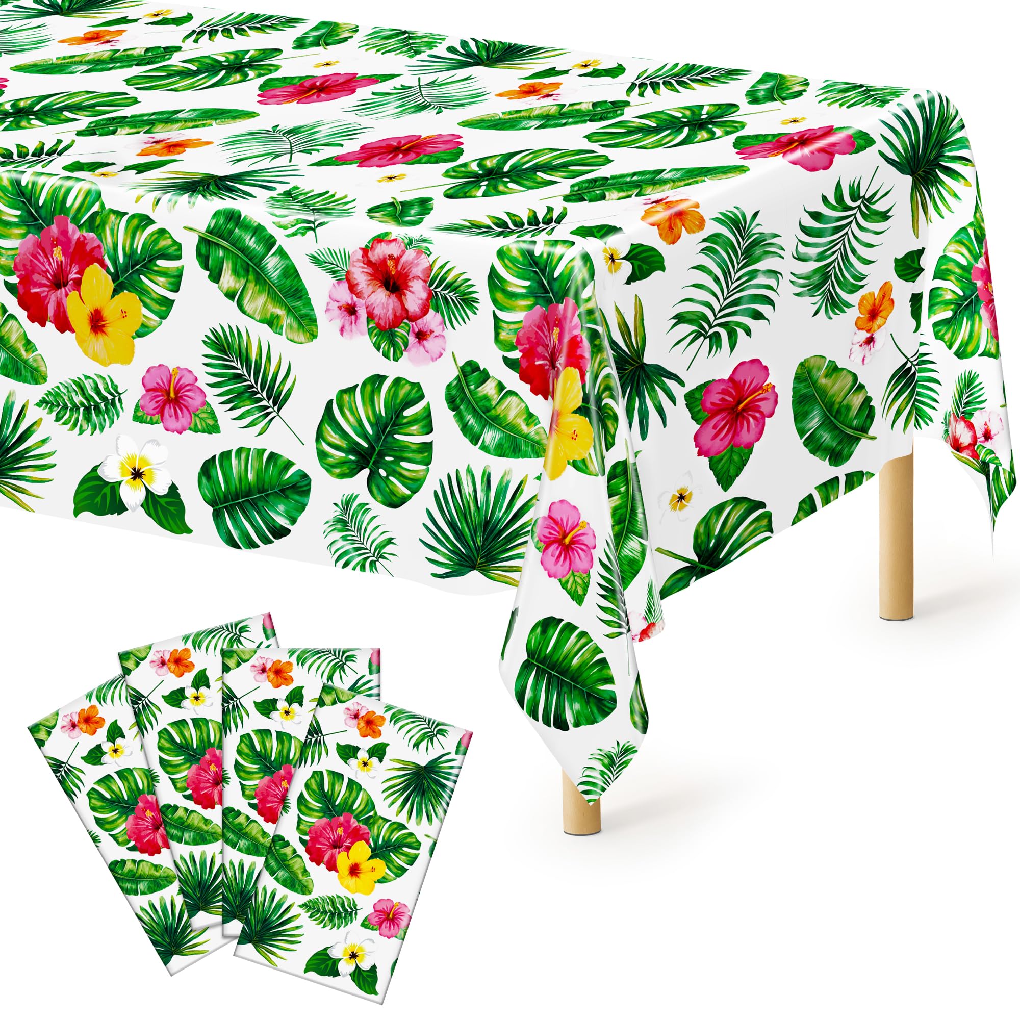 QZYL 4Pcs Luau Party Decorations, 108" X 54" Floral Leaf Tablecloth, Disposable Plastic Luau Party Decorations, Rectangle Tropical Palm Tablecover for Hawaiian Theme Decor Tropical Summer Beach Pool
