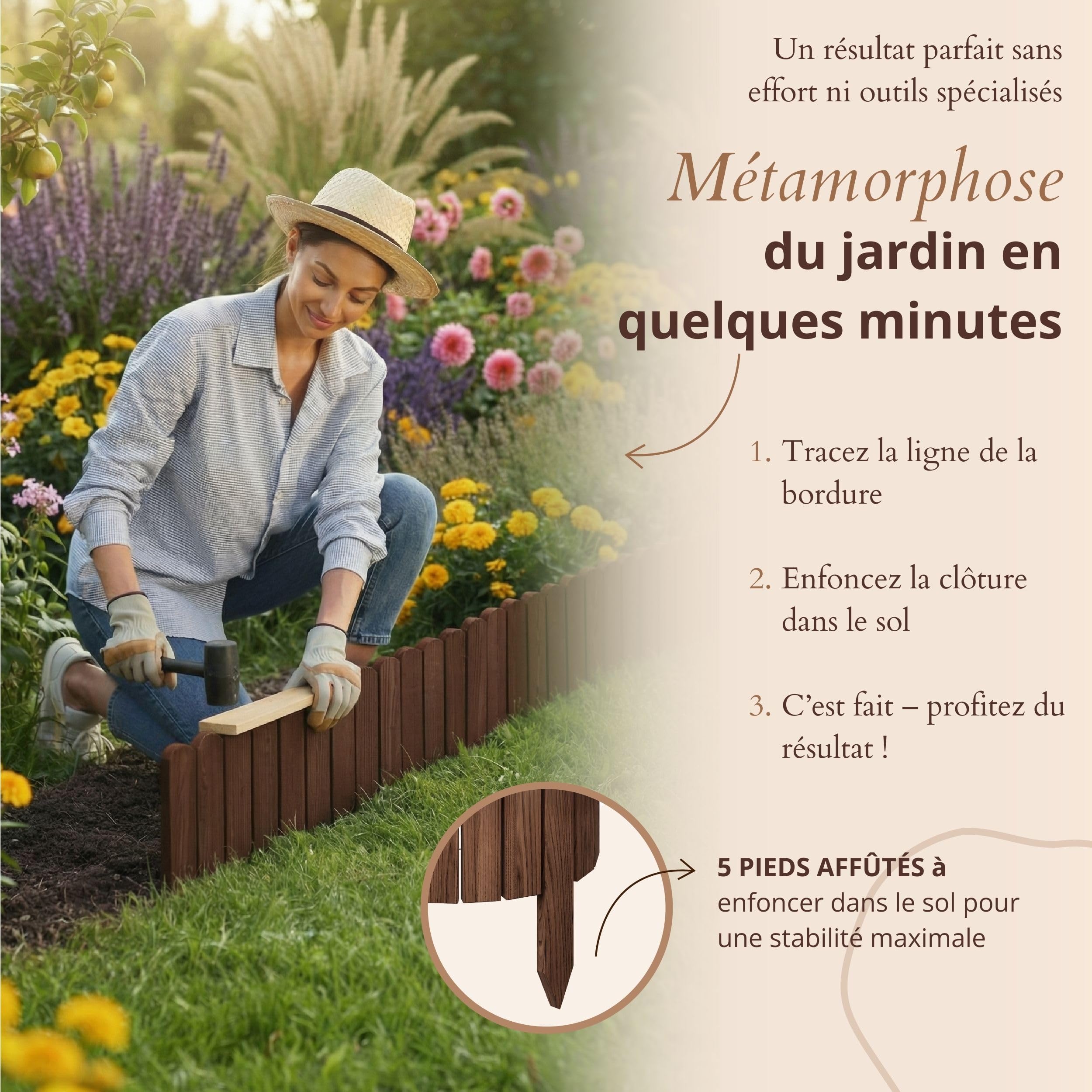 Floranica Bordure de Jardin en Bois 40 x 200 cm Brune Bordurette de Pelouse Bordure de Gazon avec piquets Bordure de Parterre
