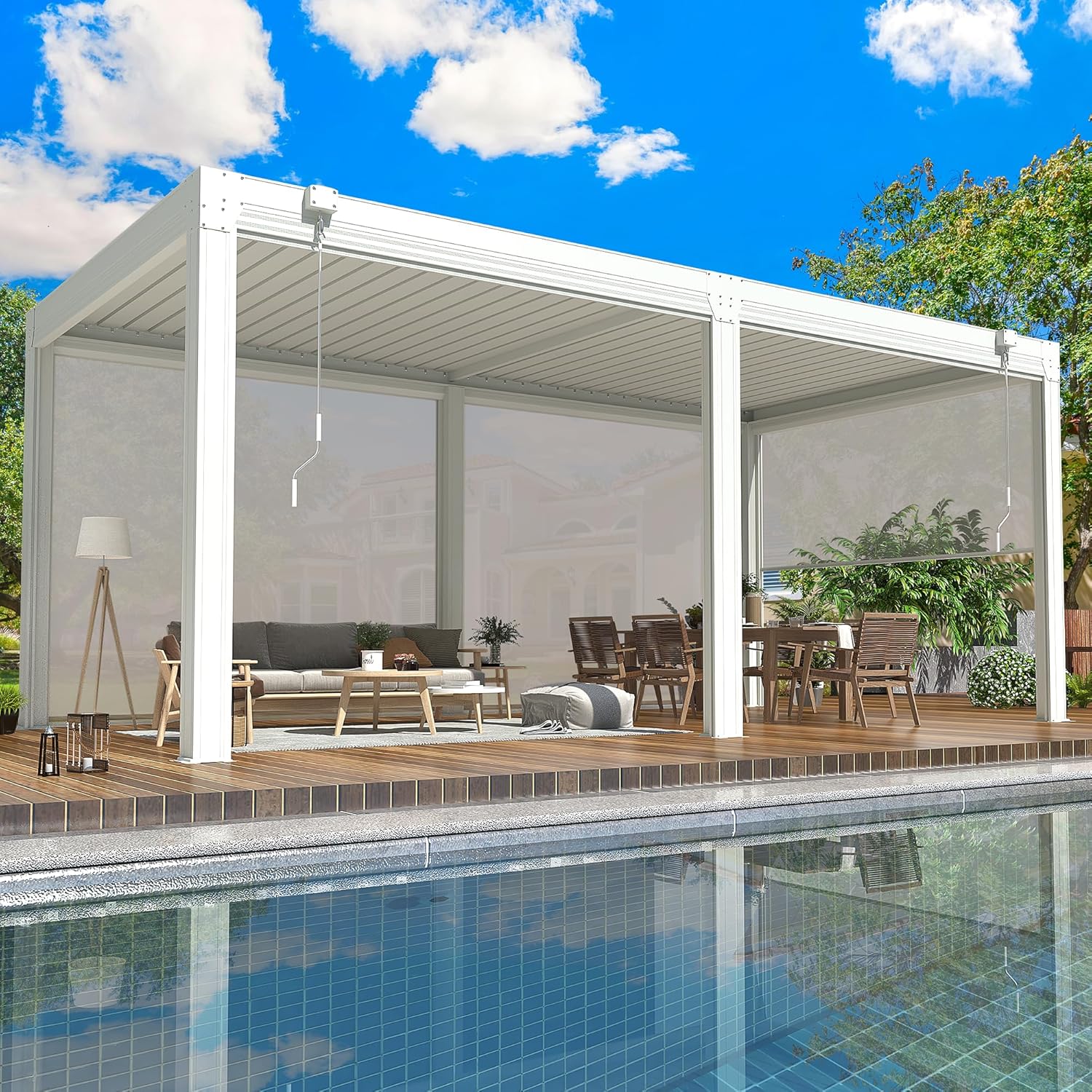 YOLENY 10x20 Louvered Pergola with pull-down screens extended
