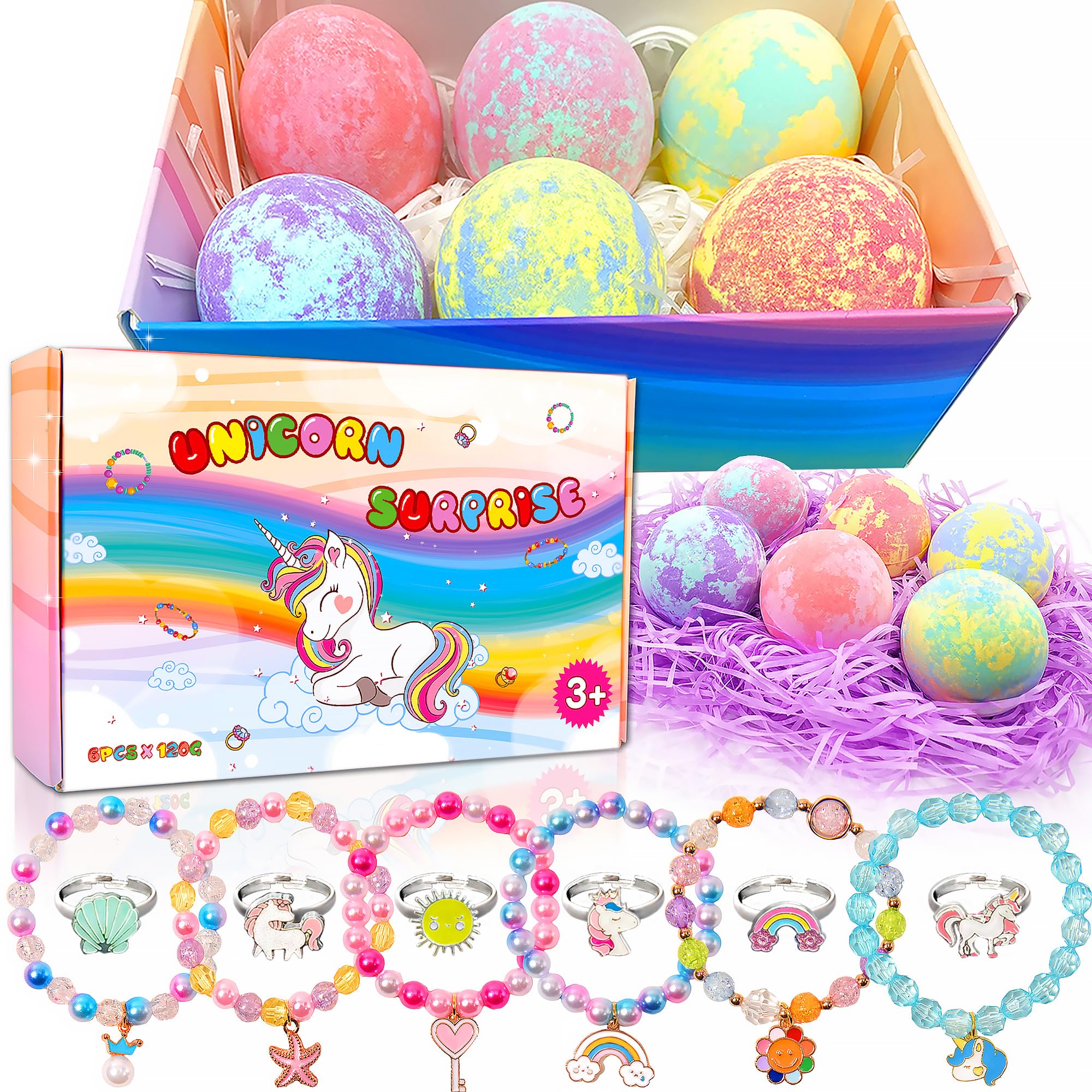 Unicorn Bath Bombs with Surprise Inside for Kids Girls, Bath Bombs Surprise Birthday Gifts Unicorn Gifts for Kids Girls with Jewelry Toys Inside
