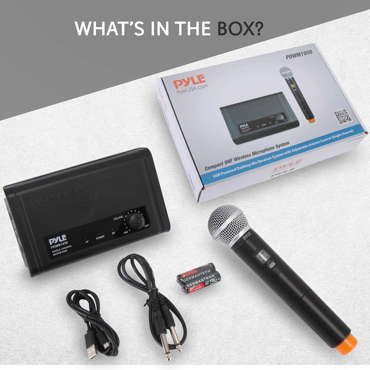 PYLE Compact UHF Wireless Microphone System - Pro Portable Single Channel Desktop Digital Mic Receiver Set w/ 1 Handheld Mic, Receiver Base, USB Cable, Battery, for Home, PA, Karaoke, DJ PDWM1950 : Musical Instruments
