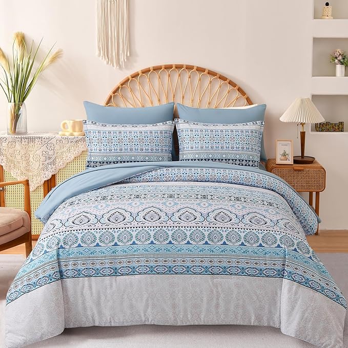 Amazon.com: Dinjoy Blue Boho Comforter Set King Size 7 Pieces Bed in A ...
