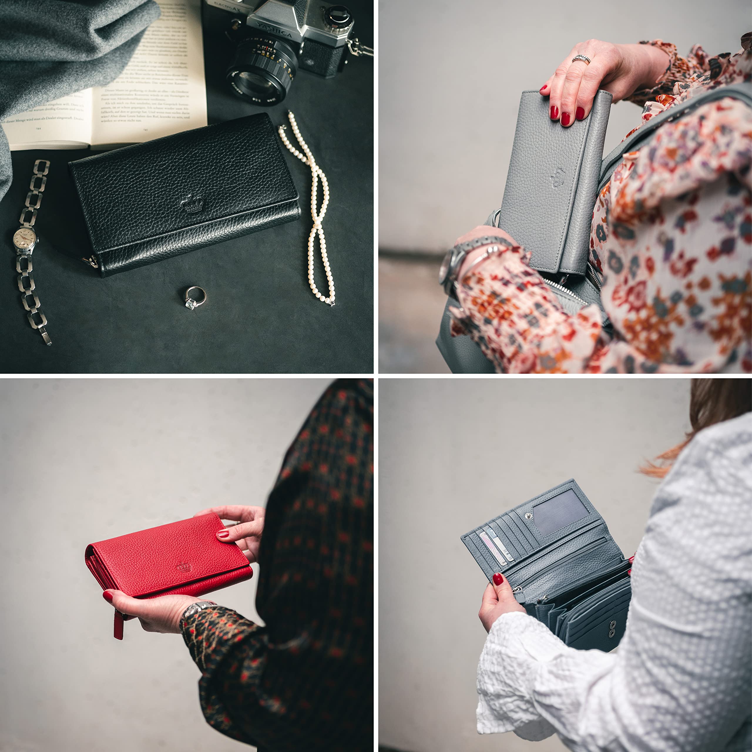 Baur – XXL Damen Geldbörse aus echtem Leder mit RFID-Schutz (Taupe) | Sehr großes Portemonnaie, 18 Kartenfächer, Druckknopfverschluss, Münzfach mit Reißverschluss, geprägtes Rindsleder