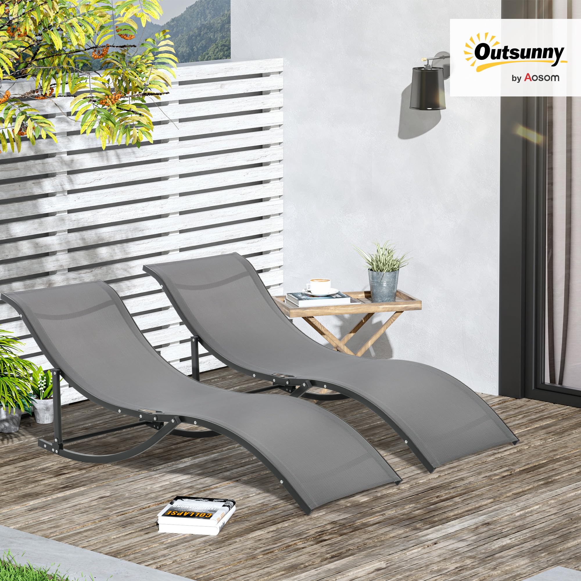Outsunny Lot de 2 Bains de Soleil Pliables Chaise Longue 120 Kg Anthracite | Jardin Extérieur, Aluminium et Textilène, Transat Jardin Extérieur, pour Patio Terrasse Plage
