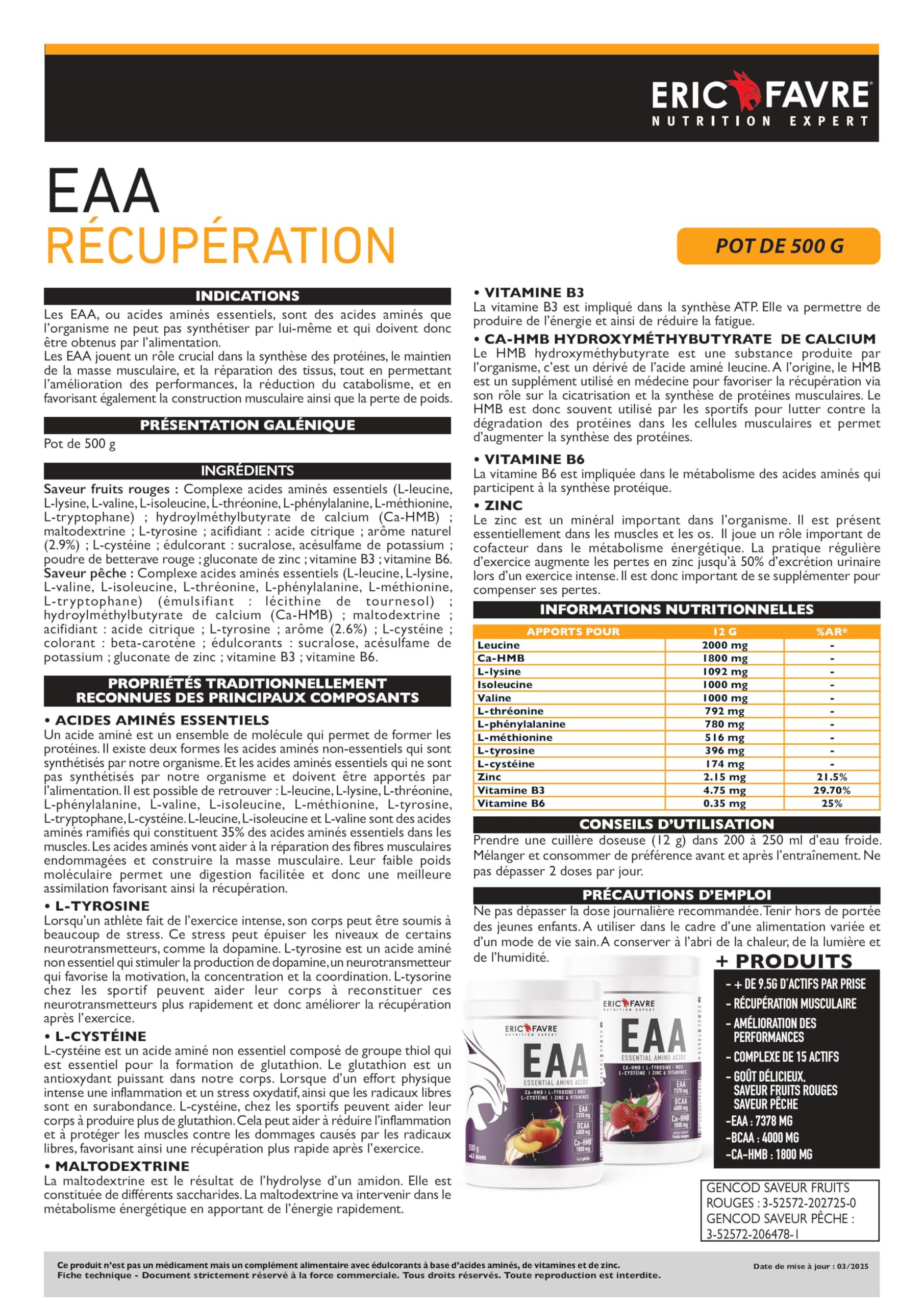 EAA ESSENTIAL AMINO ACIDS - Acides Aminés Essentiels avec CA-HMB, L-Tyrosine, L-Cystéine, Zinc & Vitamines - Formule Énergisante et Réduction de la Fatigue - 500g - Saveur Fruits Rouges - Eric Favre